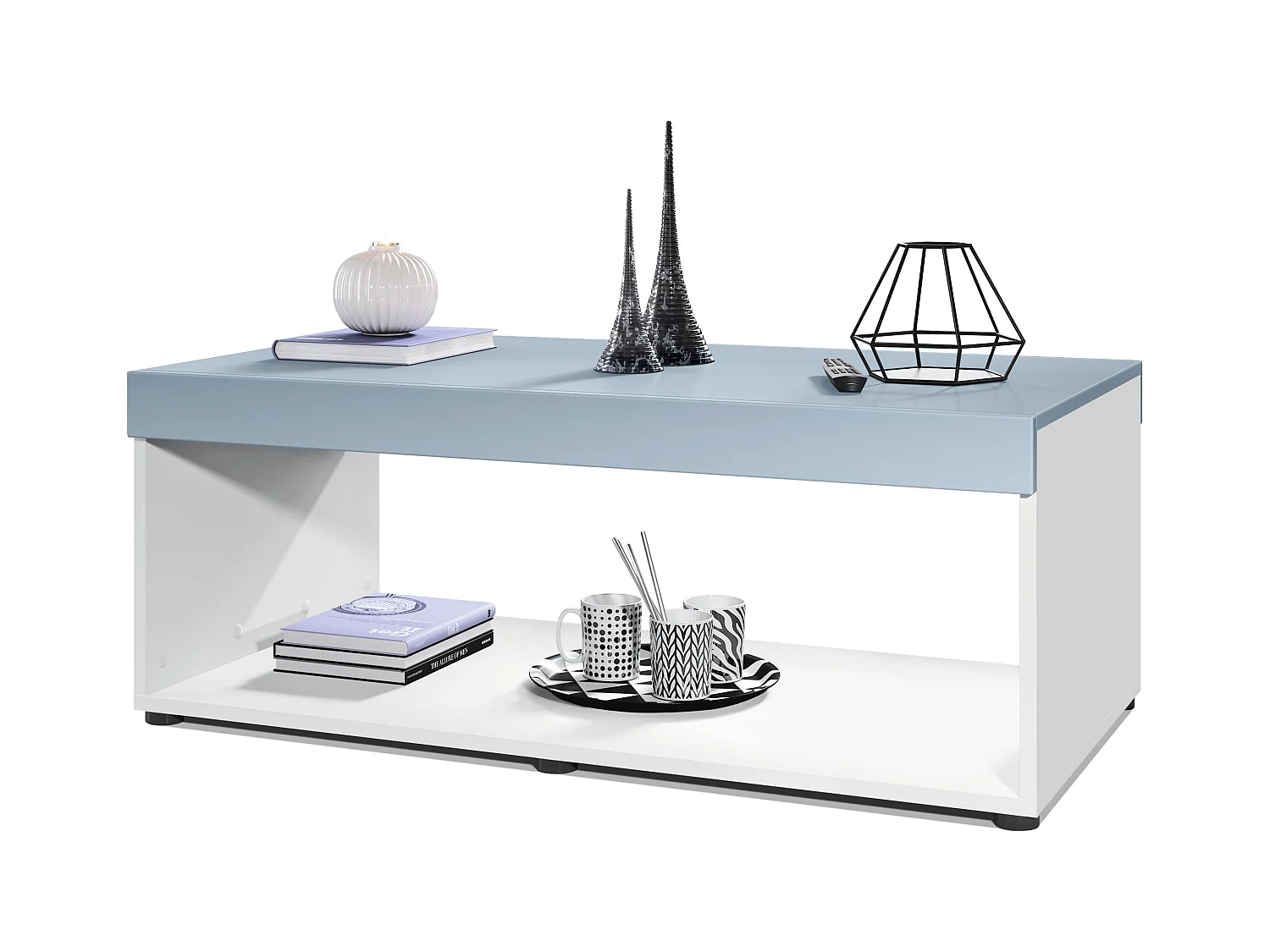 Table de salon Pure, Table basse rectangulaire, Blanc mat/Denim mat (104 x 40,5 x 58 cm)