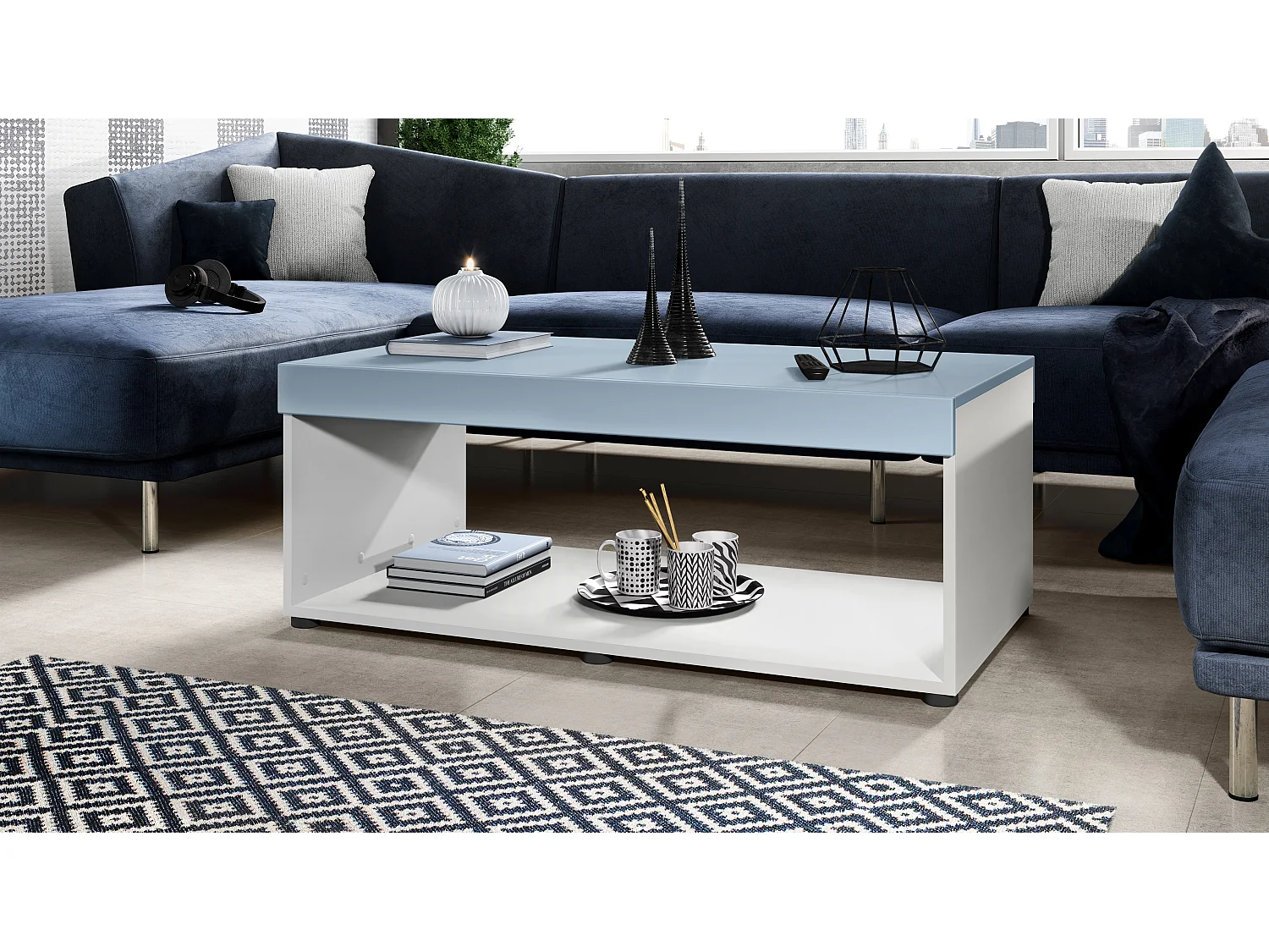 Tavolino  Pure, Tavolo da soggiorno a forma di scatola, bianco opaco/denim opaco (104 x 40,5 x 58 cm)