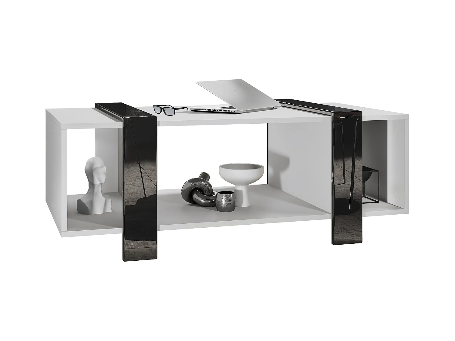 Table basse Ida 110,5 x 42 x 56,5 cm Table de salon à trois compartiments, caisson en blanc mat, façades en Noir haute brillance | Grand choix de couleurs