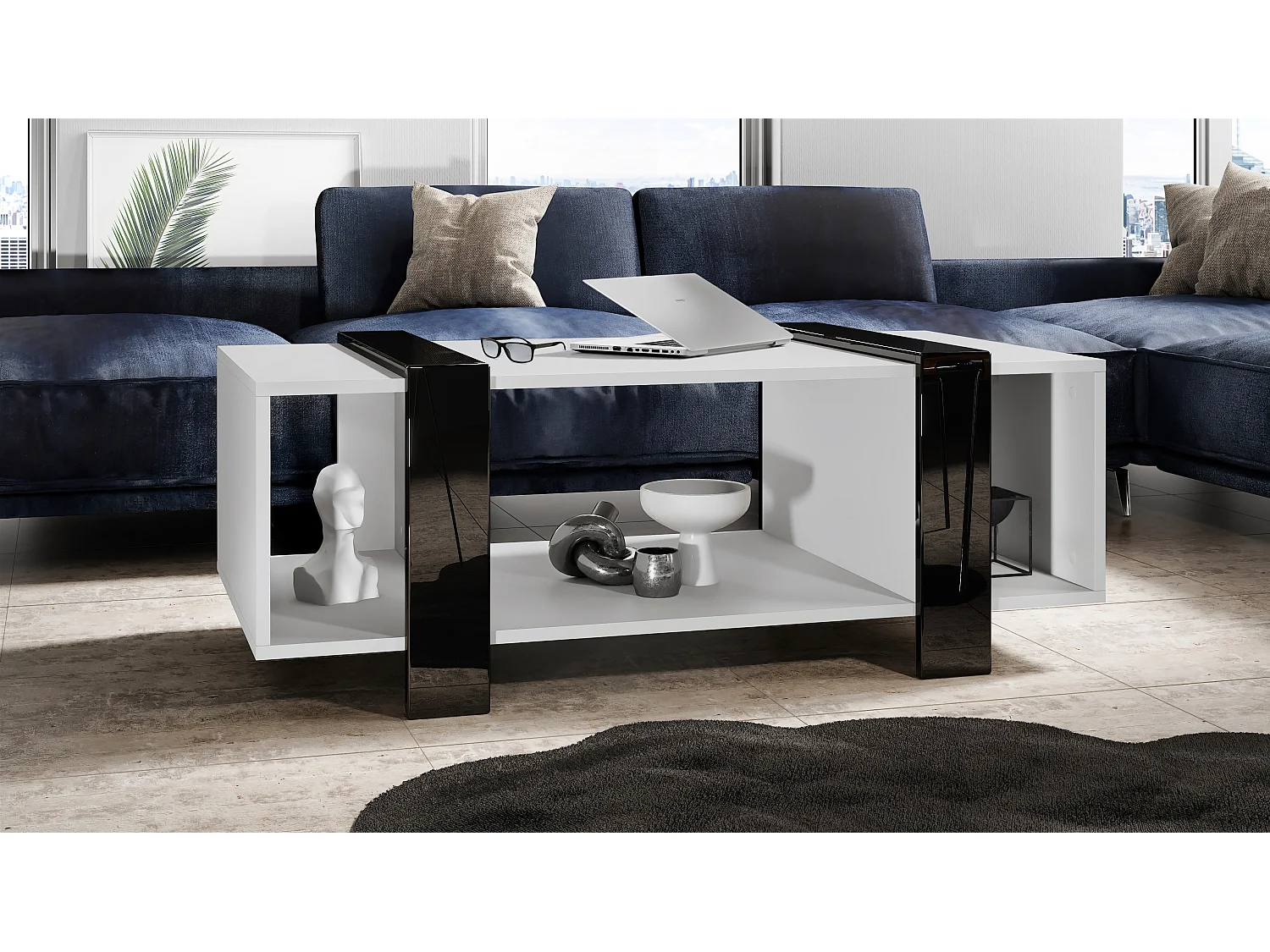 Table basse Ida 110,5 x 42 x 56,5 cm Table de salon à trois compartiments, caisson en blanc mat, façades en Noir haute brillance | Grand choix de couleurs