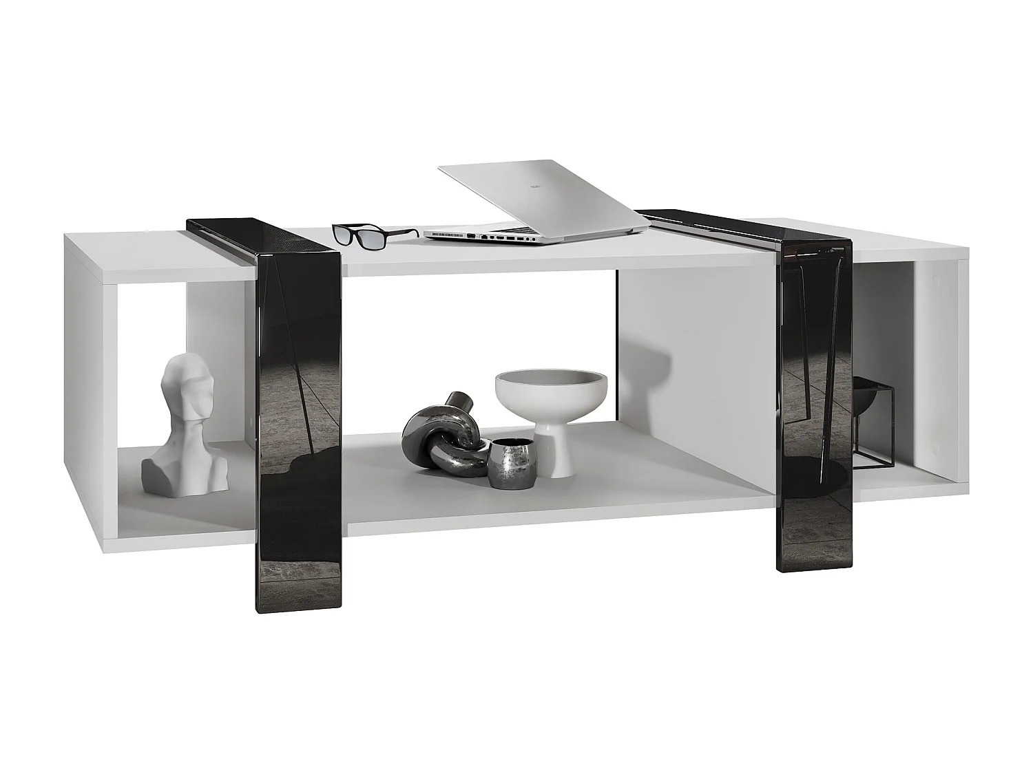 Tavolino  Ida 110,5 x 42 x 56,5 cm Tavolo da soggiorno con tre scomparti, Struttura in bianco opaco, pannelli in nero lucido | Ampia scelta di colori