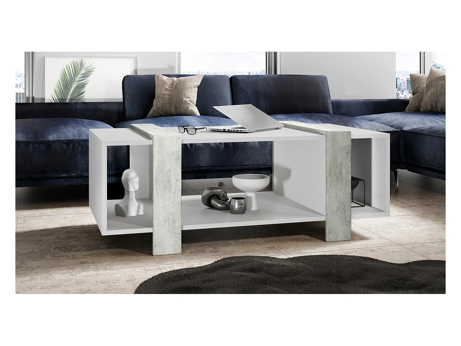 Table basse Ida 110,5 x 42 x 56,5 cm Table de salon à trois compartiments, caisson en blanc mat, façades en Aspect Béton Oxyde | Grand choix de couleurs