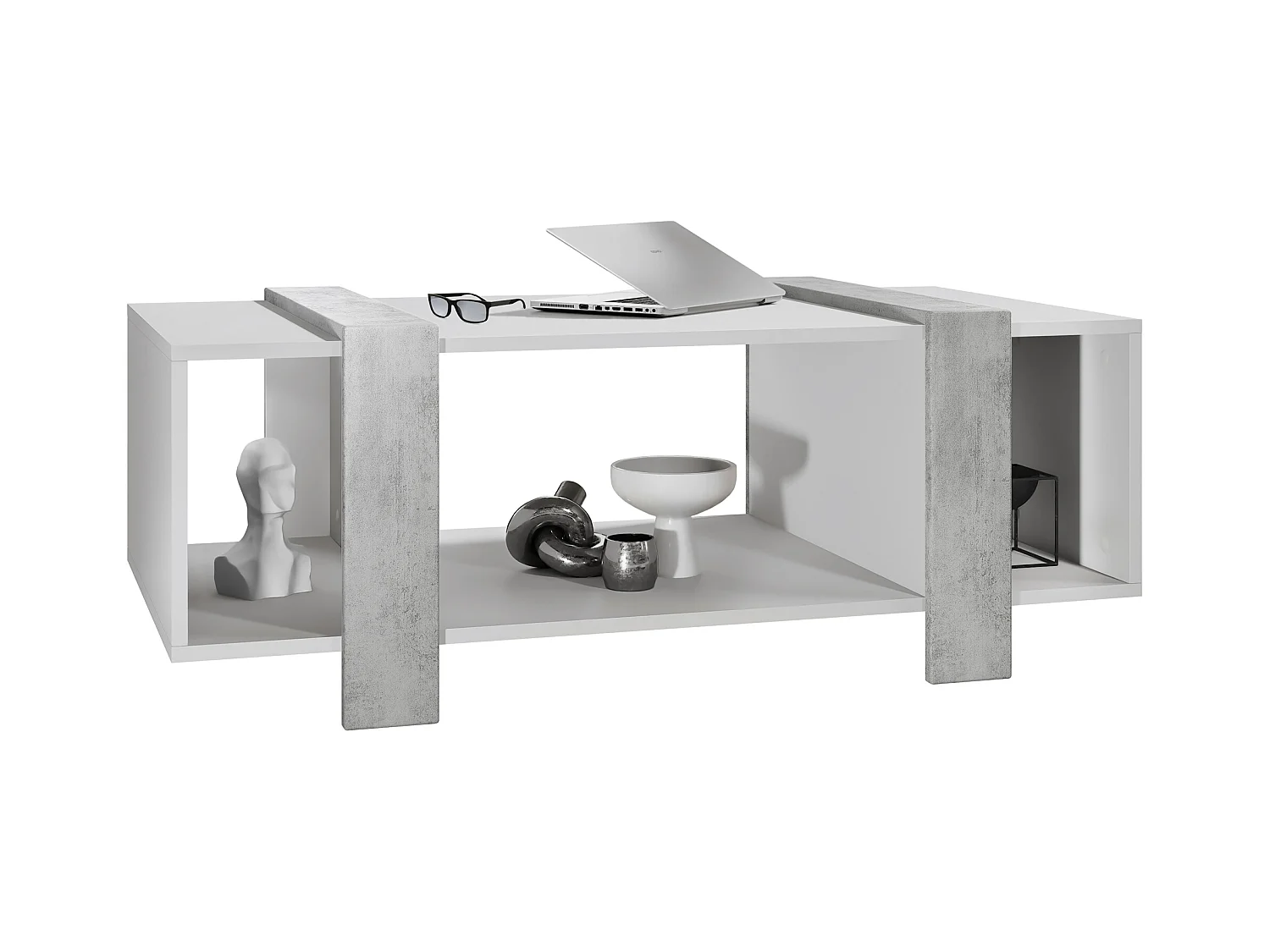 Table basse Ida 110,5 x 42 x 56,5 cm Table de salon à trois compartiments, caisson en blanc mat, façades en Aspect Béton Oxyde | Grand choix de couleurs