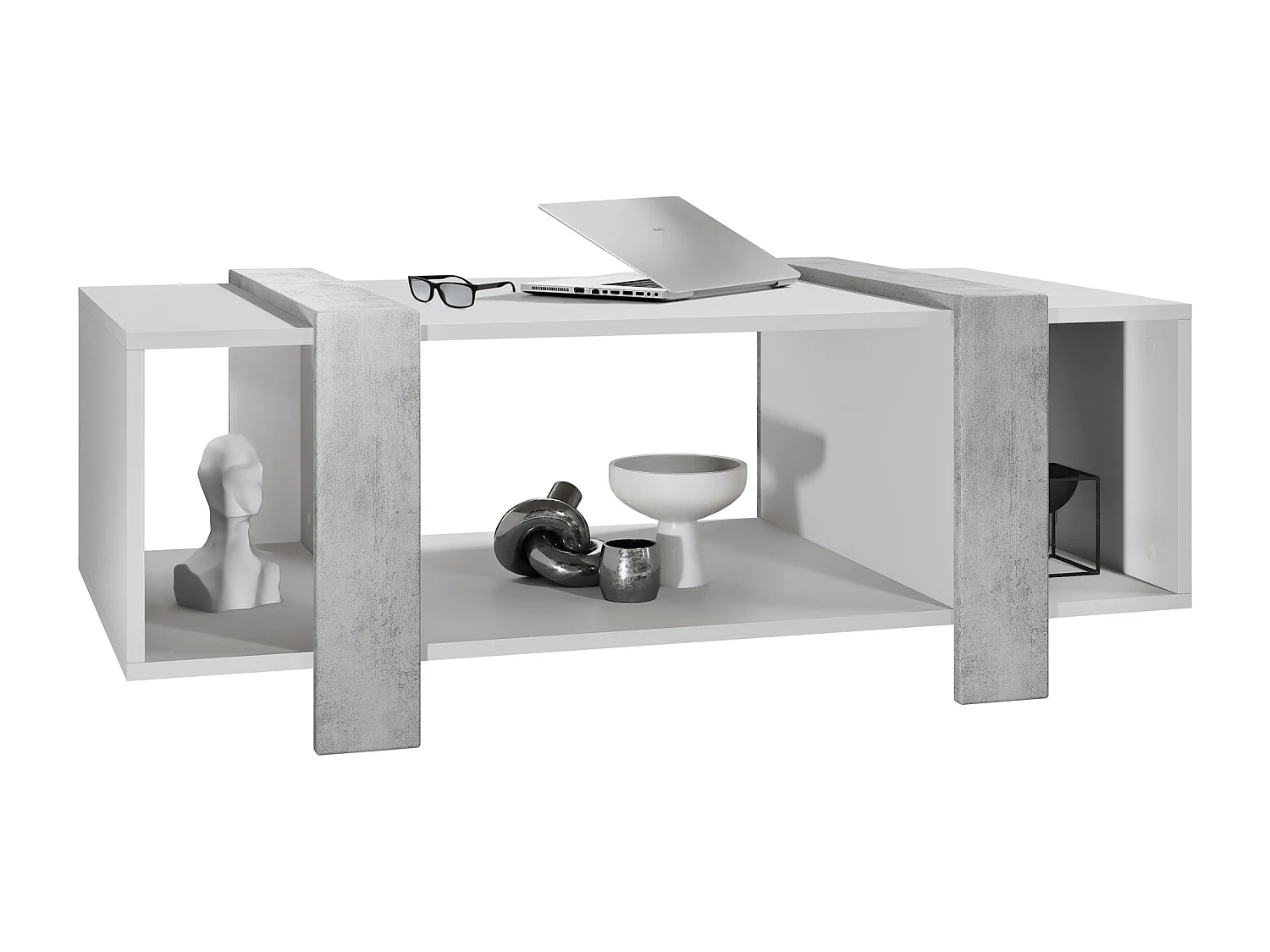 Tavolino  Ida 110,5 x 42 x 56,5 cm Tavolo da soggiorno con tre scomparti, Struttura in bianco opaco, pannelli in grigio ossido di cemento | Ampia scelta di colori