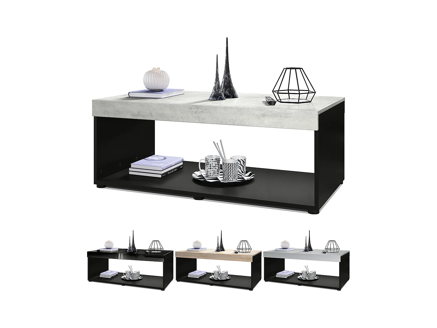 Table de salon Pure, Table basse rectangulaire, Noir mat/Gris haute brillance (104 x 40,5 x 58 cm)
