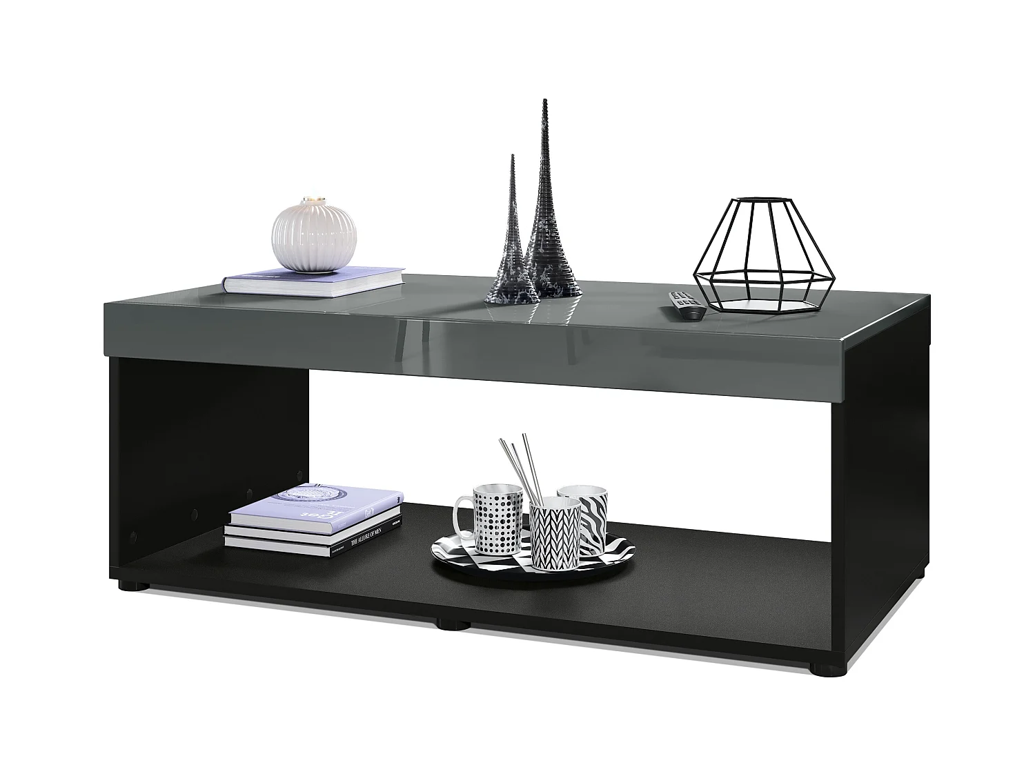 Table de salon Pure, Table basse rectangulaire, Noir mat/Gris haute brillance (104 x 40,5 x 58 cm)