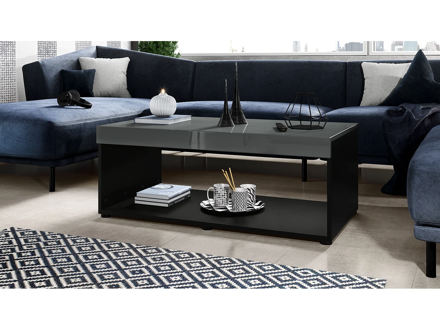 Tavolino  Pure, Tavolo da soggiorno a forma di scatola, nero opaco/grigio lucido (104 x 40,5 x 58 cm)