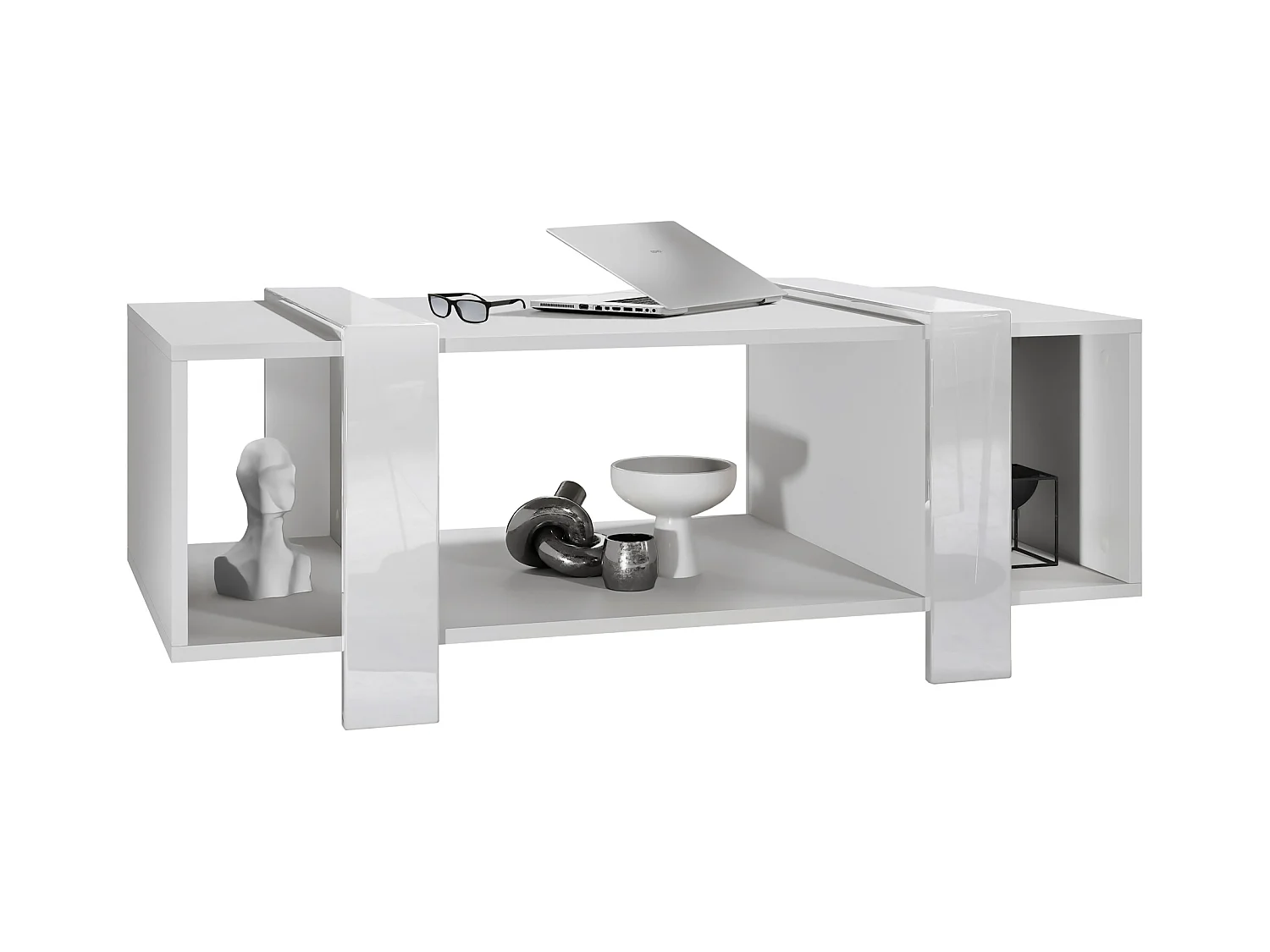 Table basse Ida 110,5 x 42 x 56,5 cm Table de salon à trois compartiments, caisson en blanc mat, façades en Blanc haute brillance | Grand choix de couleurs