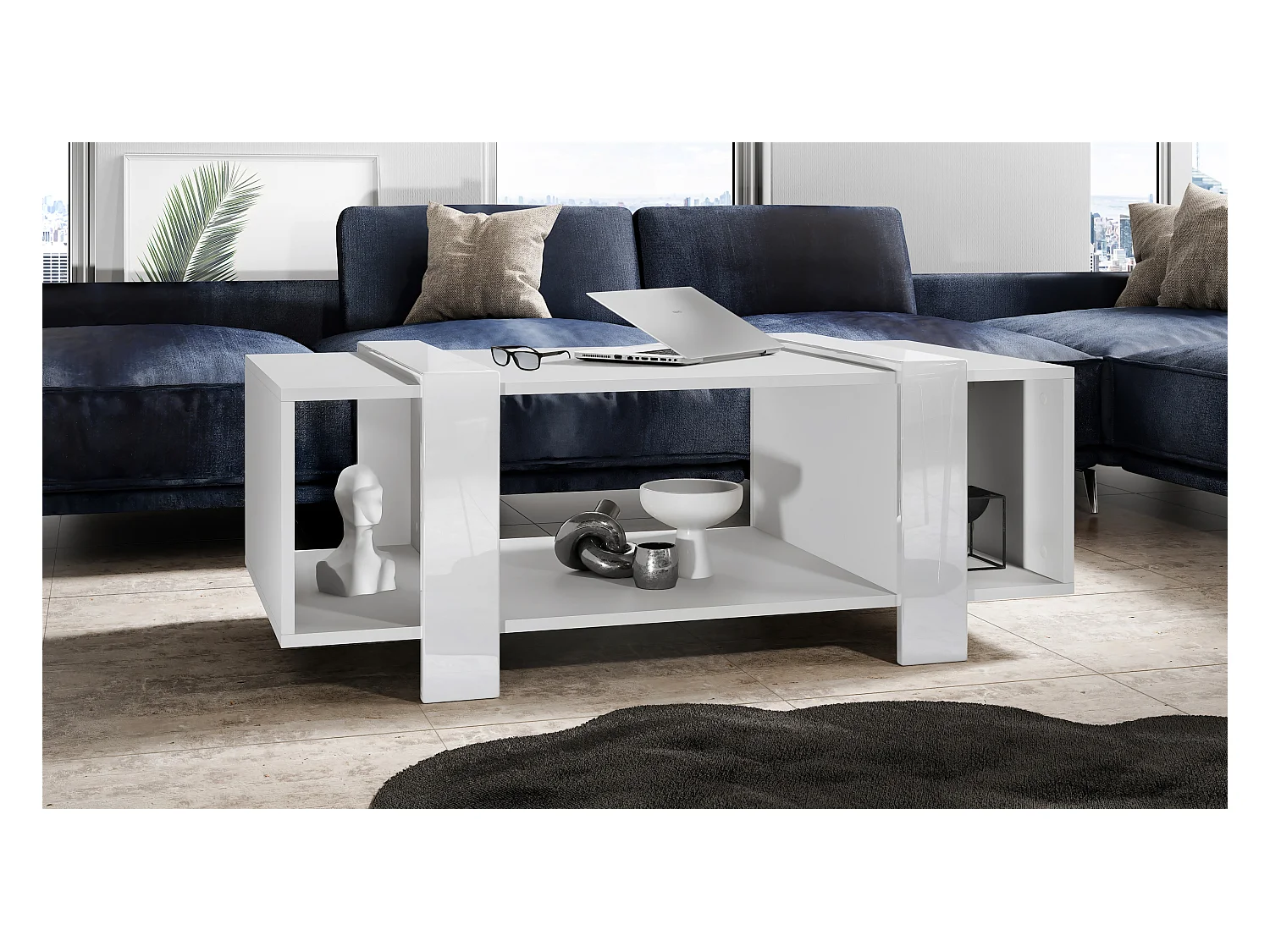Table basse Ida 110,5 x 42 x 56,5 cm Table de salon à trois compartiments, caisson en blanc mat, façades en Blanc haute brillance | Grand choix de couleurs