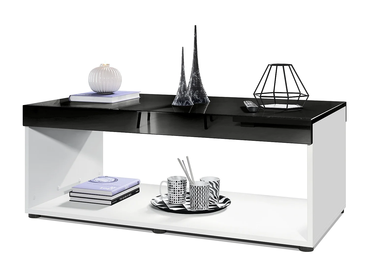 Tavolino  Pure, Tavolo da soggiorno a forma di scatola, bianco opaco/nero lucido (104 x 40,5 x 58 cm)