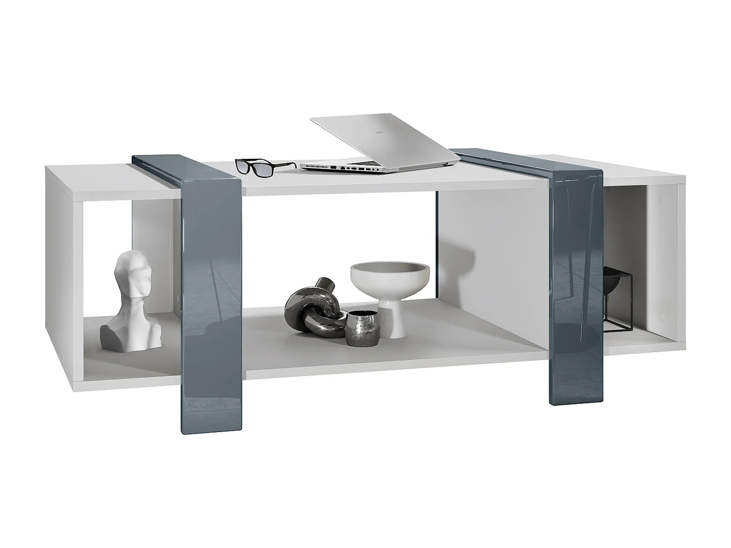 Table basse Ida 110,5 x 42 x 56,5 cm Table de salon à trois compartiments, caisson en blanc mat, façades en Gris haute brillance | Grand choix de couleurs