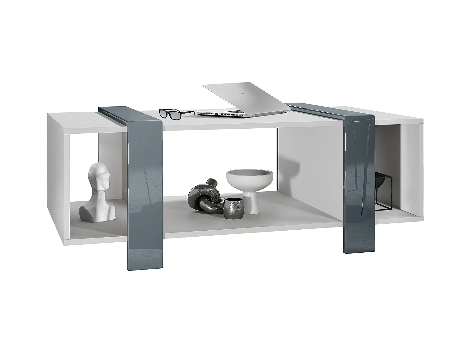 Table basse Ida 110,5 x 42 x 56,5 cm Table de salon à trois compartiments, caisson en blanc mat, façades en Gris haute brillance | Grand choix de couleurs