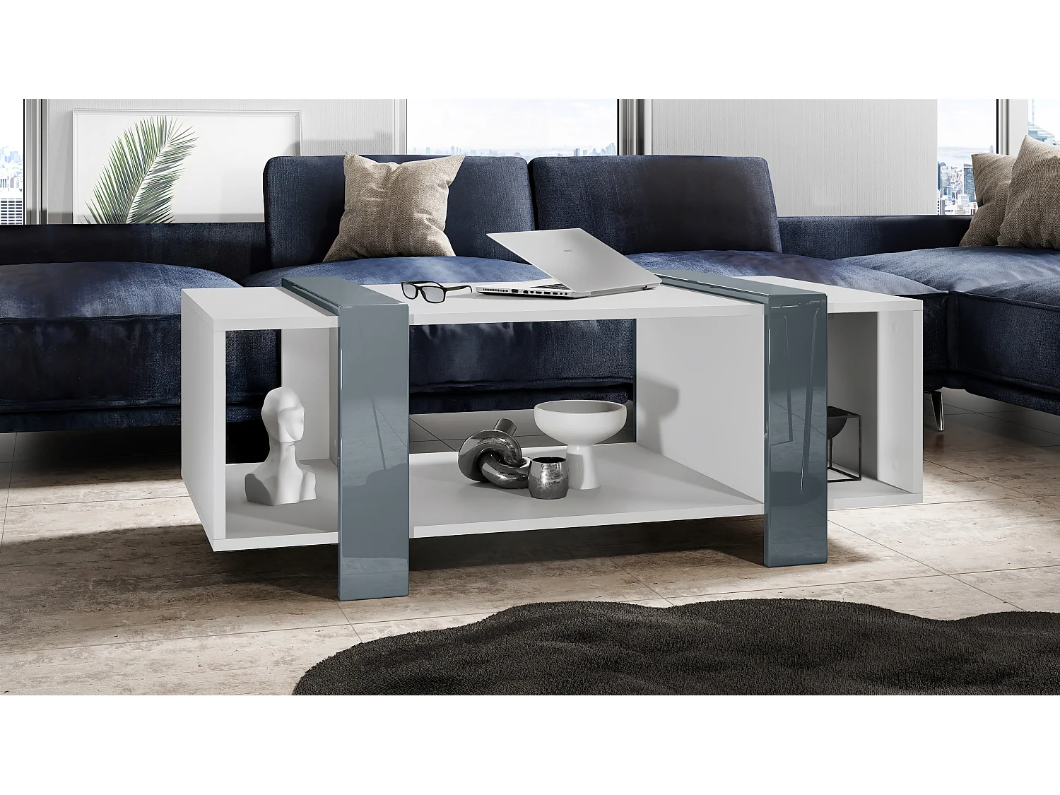 Tavolino  Ida 110,5 x 42 x 56,5 cm Tavolo da soggiorno con tre scomparti, Struttura in bianco opaco, pannelli in grigio lucido | Ampia scelta di colori