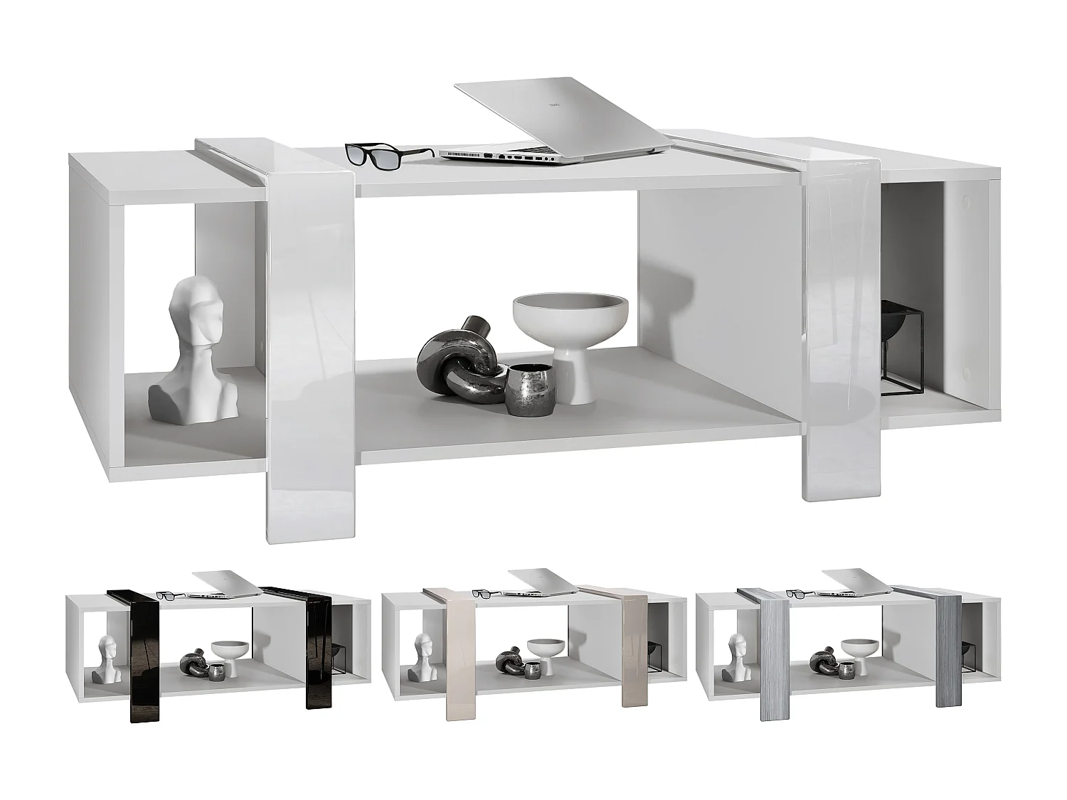 Tavolino  Ida 110,5 x 42 x 56,5 cm Tavolo da soggiorno con tre scomparti, Struttura in bianco opaco, pannelli in grigio lucido | Ampia scelta di colori