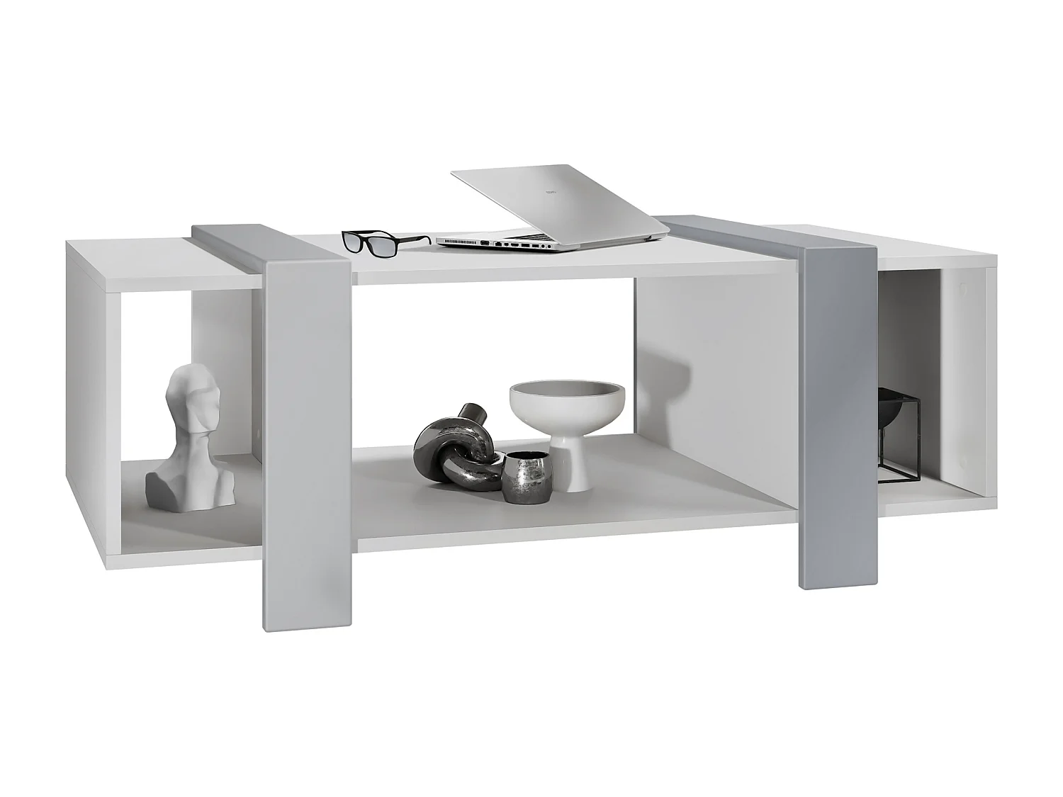 Table basse Ida 110,5 x 42 x 56,5 cm Table de salon à trois compartiments, caisson en blanc mat, façades en Gris clair satiné mat | Grand choix de couleurs