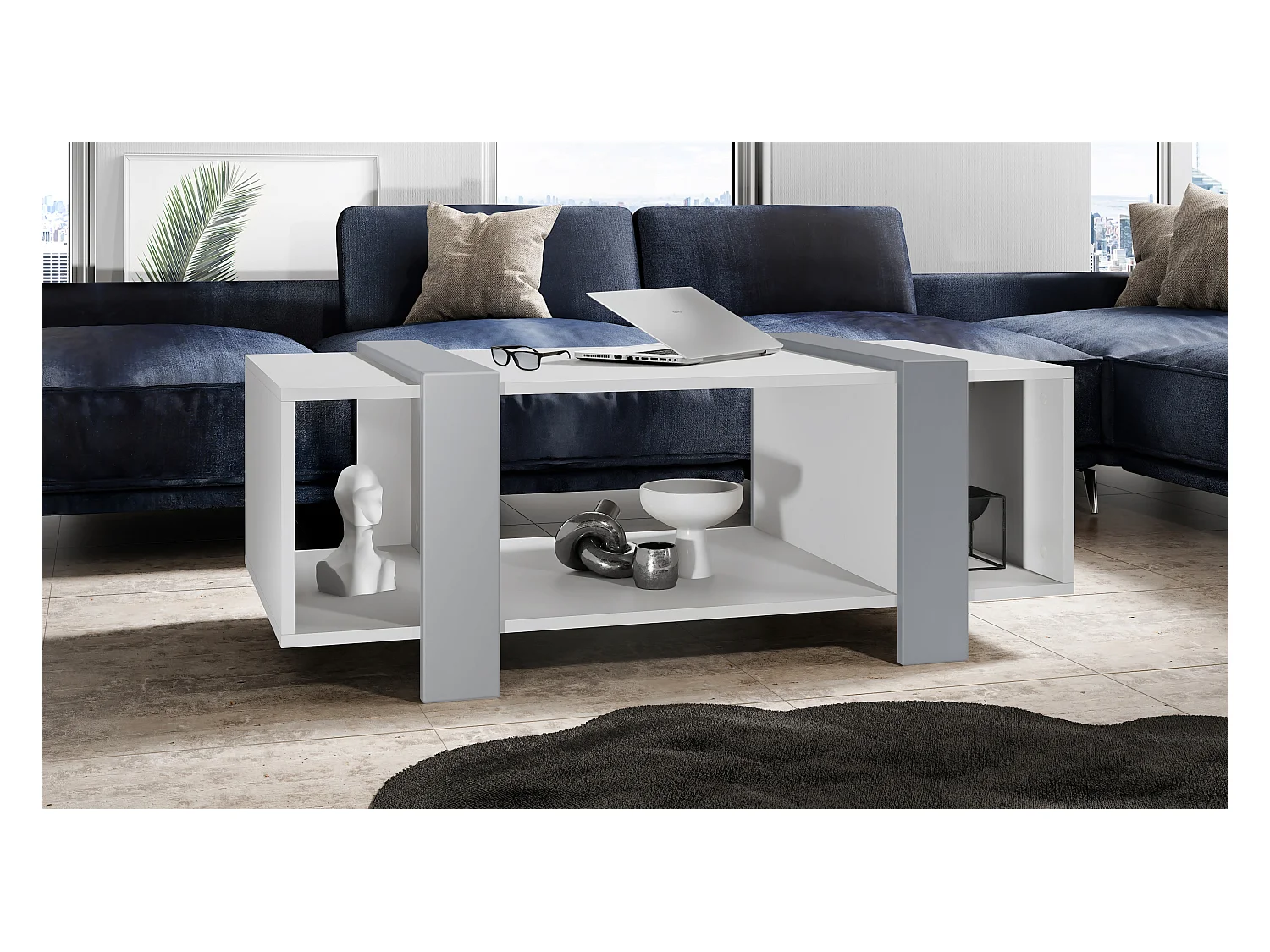 Table basse Ida 110,5 x 42 x 56,5 cm Table de salon à trois compartiments, caisson en blanc mat, façades en Gris clair satiné mat | Grand choix de couleurs