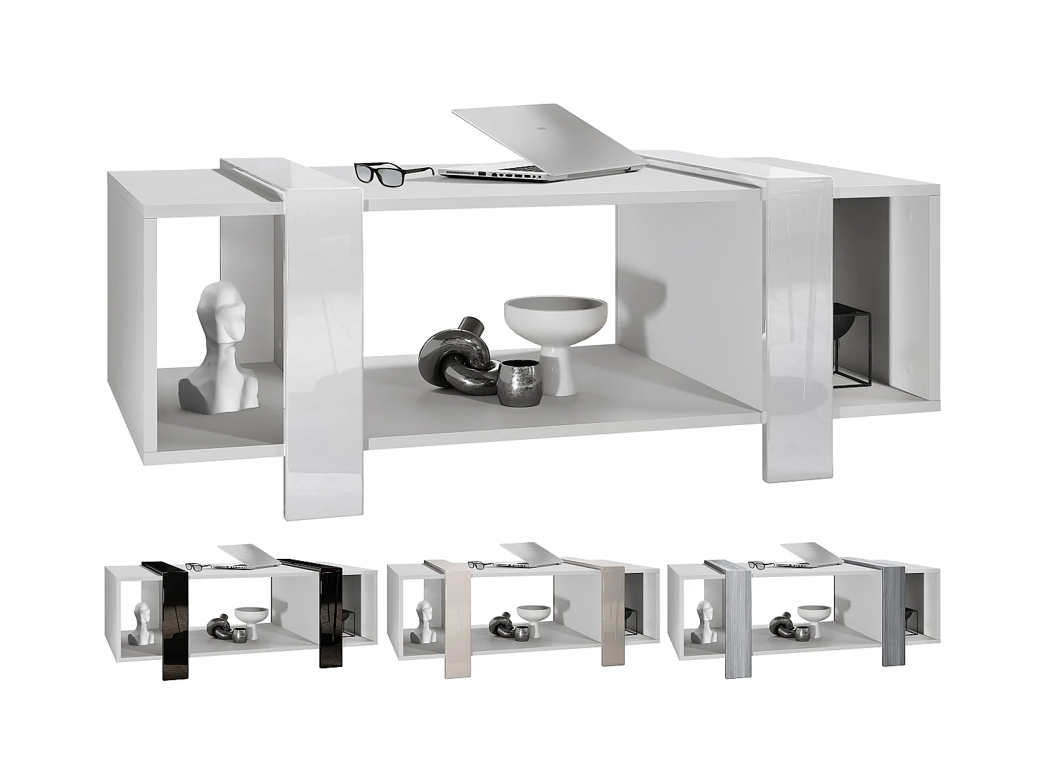 Table basse Ida 110,5 x 42 x 56,5 cm Table de salon à trois compartiments, caisson en blanc mat, façades en Gris clair satiné mat | Grand choix de couleurs