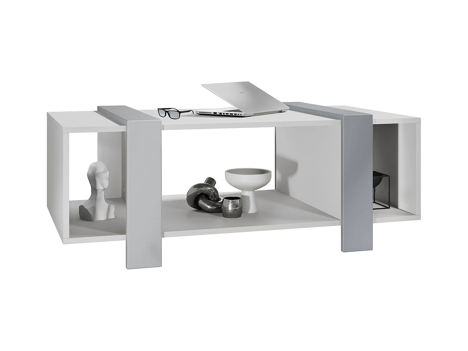 Table basse Ida 110,5 x 42 x 56,5 cm Table de salon à trois compartiments, caisson en blanc mat, façades en Gris clair satiné mat | Grand choix de couleurs