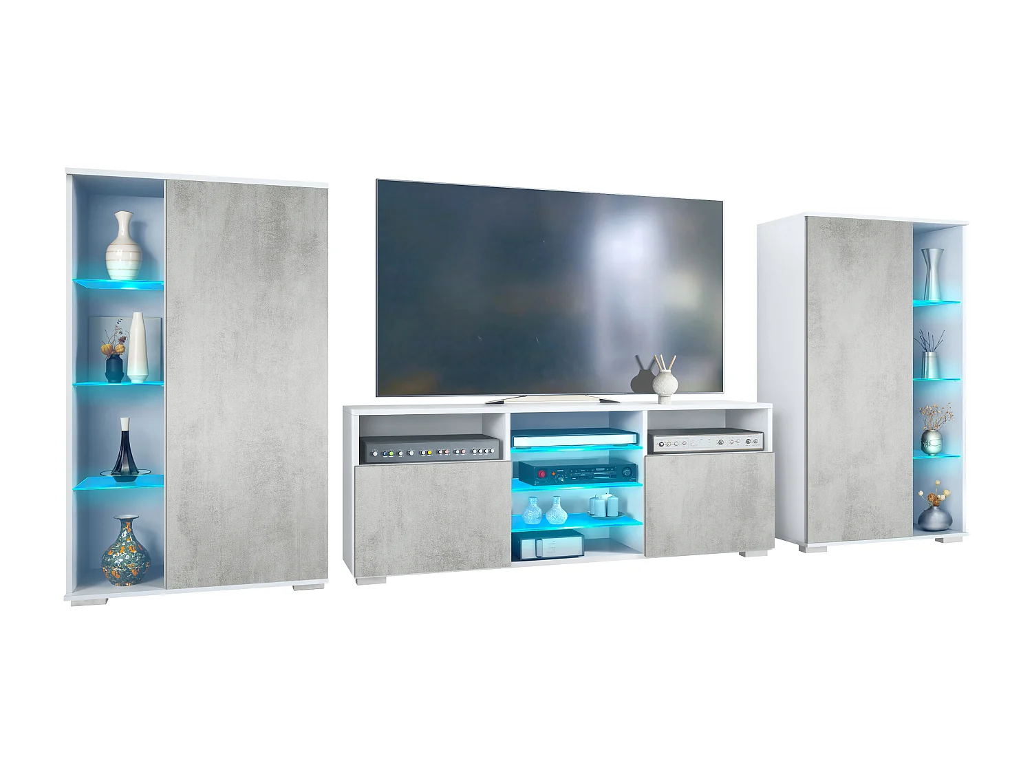 Mobile parete Davos per soggiorno, composto da 2 vetrine e 1 mobile TV, bianco opaco/ottica cermento ossido incl. illuminazione a LED (329 x 134 x 35 cm)