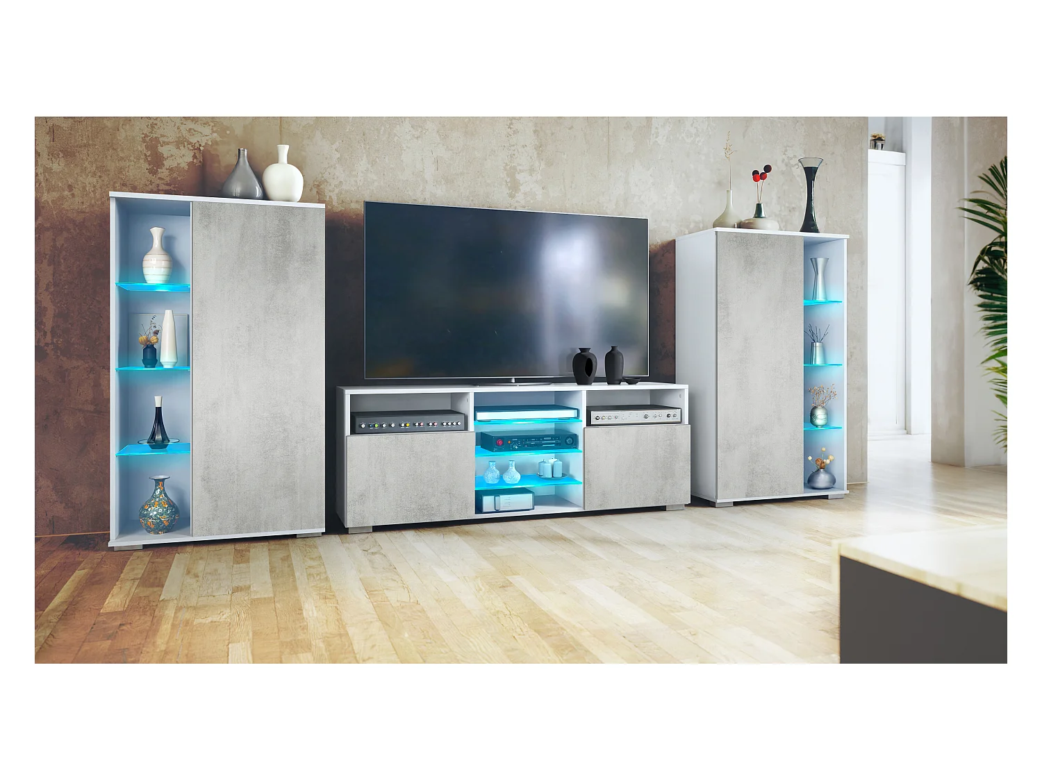 Mobile parete Davos per soggiorno, composto da 2 vetrine e 1 mobile TV, bianco opaco/ottica cermento ossido incl. illuminazione a LED (329 x 134 x 35 cm)