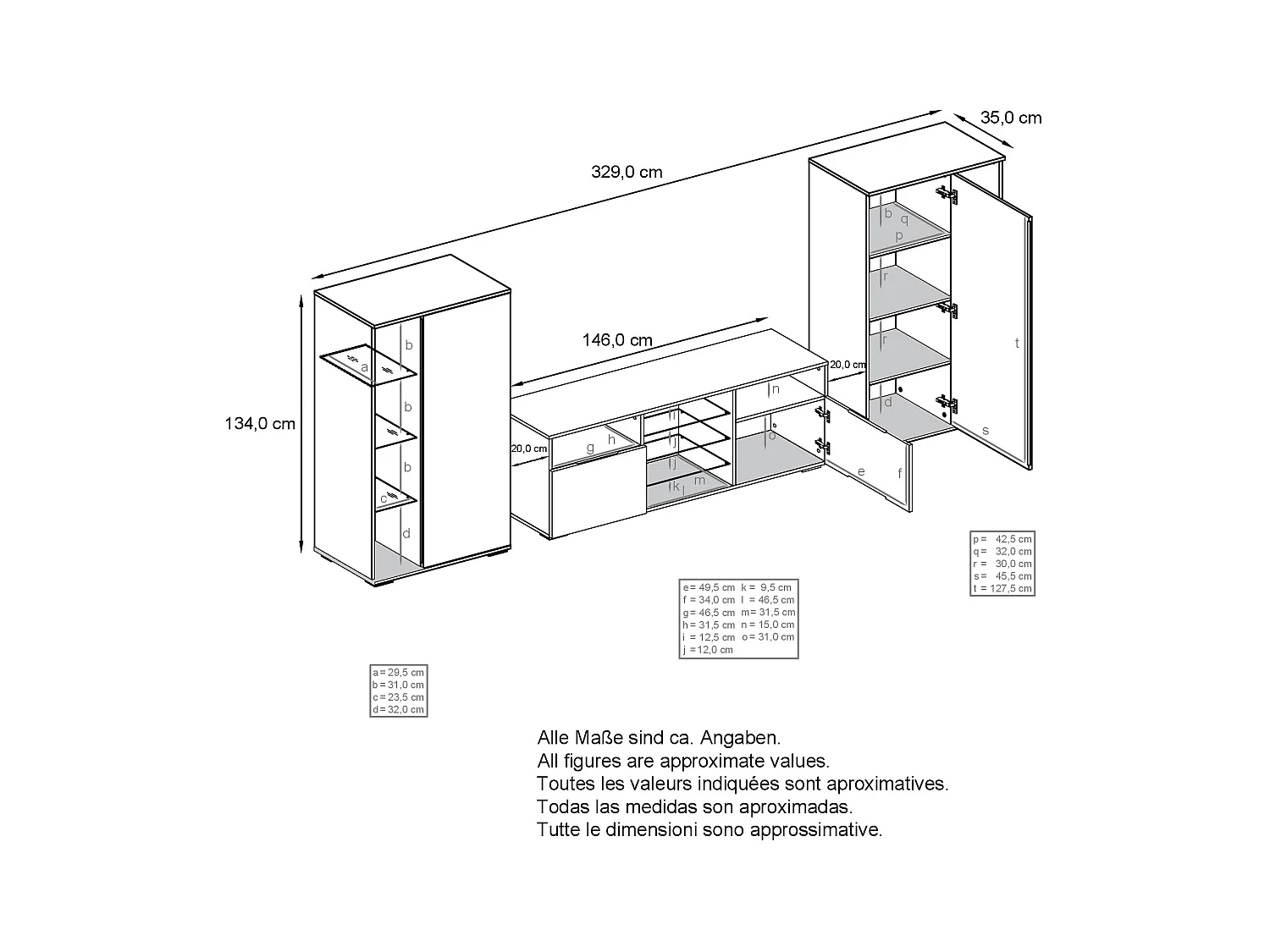 Mobile parete Davos per soggiorno, composto da 2 vetrine e 1 mobile TV, bianco opaco/ottica cermento ossido incl. illuminazione a LED (329 x 134 x 35 cm)