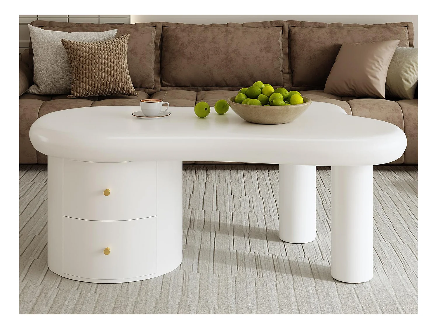 Table basse moderne 97x64x42cm - forme irrégulière - 2 tiroirs - blanc