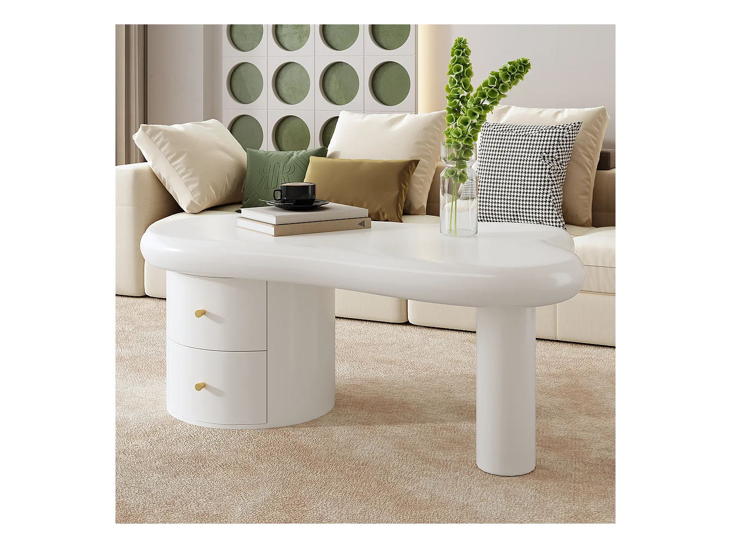 Table basse moderne 97x64x42cm - forme irrégulière - 2 tiroirs - blanc