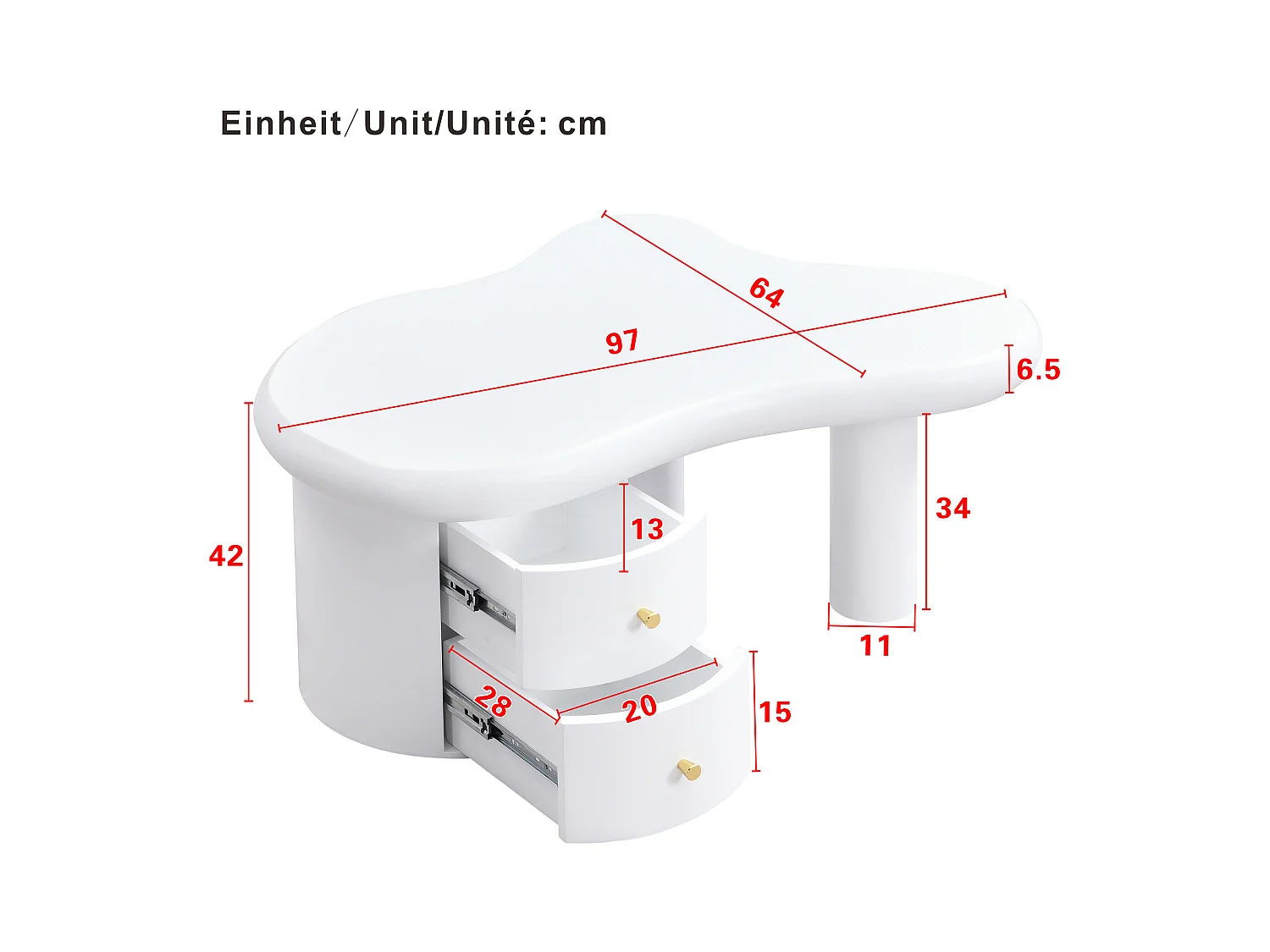Table basse moderne 97x64x42cm - forme irrégulière - 2 tiroirs - blanc