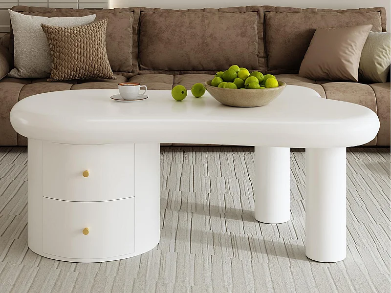 Table basse moderne 97x64x42cm - forme irrégulière - 2 tiroirs - blanc