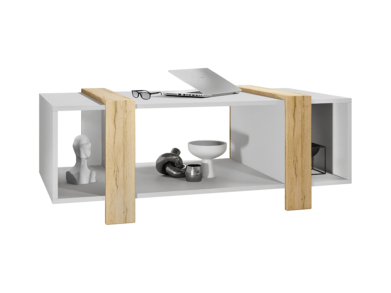 Table basse Ida 110,5 x 42 x 56,5 cm Table de salon à trois compartiments, caisson en blanc mat, façades en Chêne Nature | Grand choix de couleurs