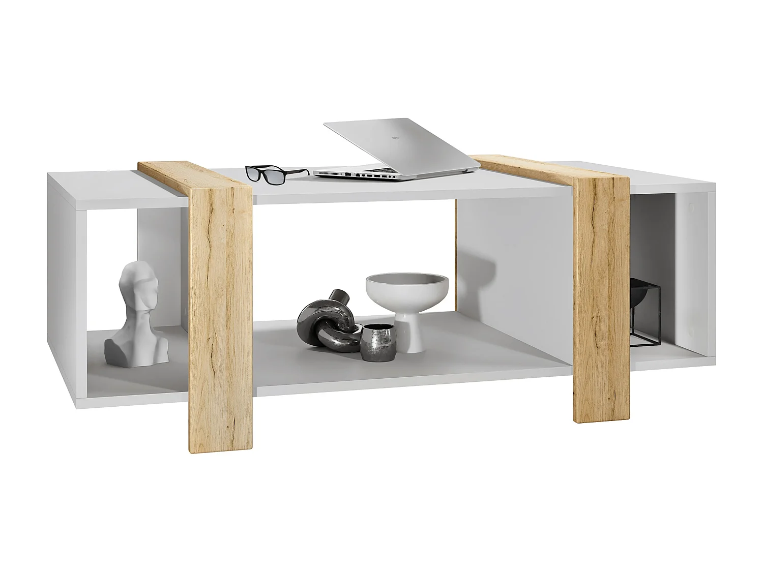 Tavolino  Ida 110,5 x 42 x 56,5 cm Tavolo da soggiorno con tre scomparti, Struttura in bianco opaco, pannelli in rovere Nature | Ampia scelta di colori