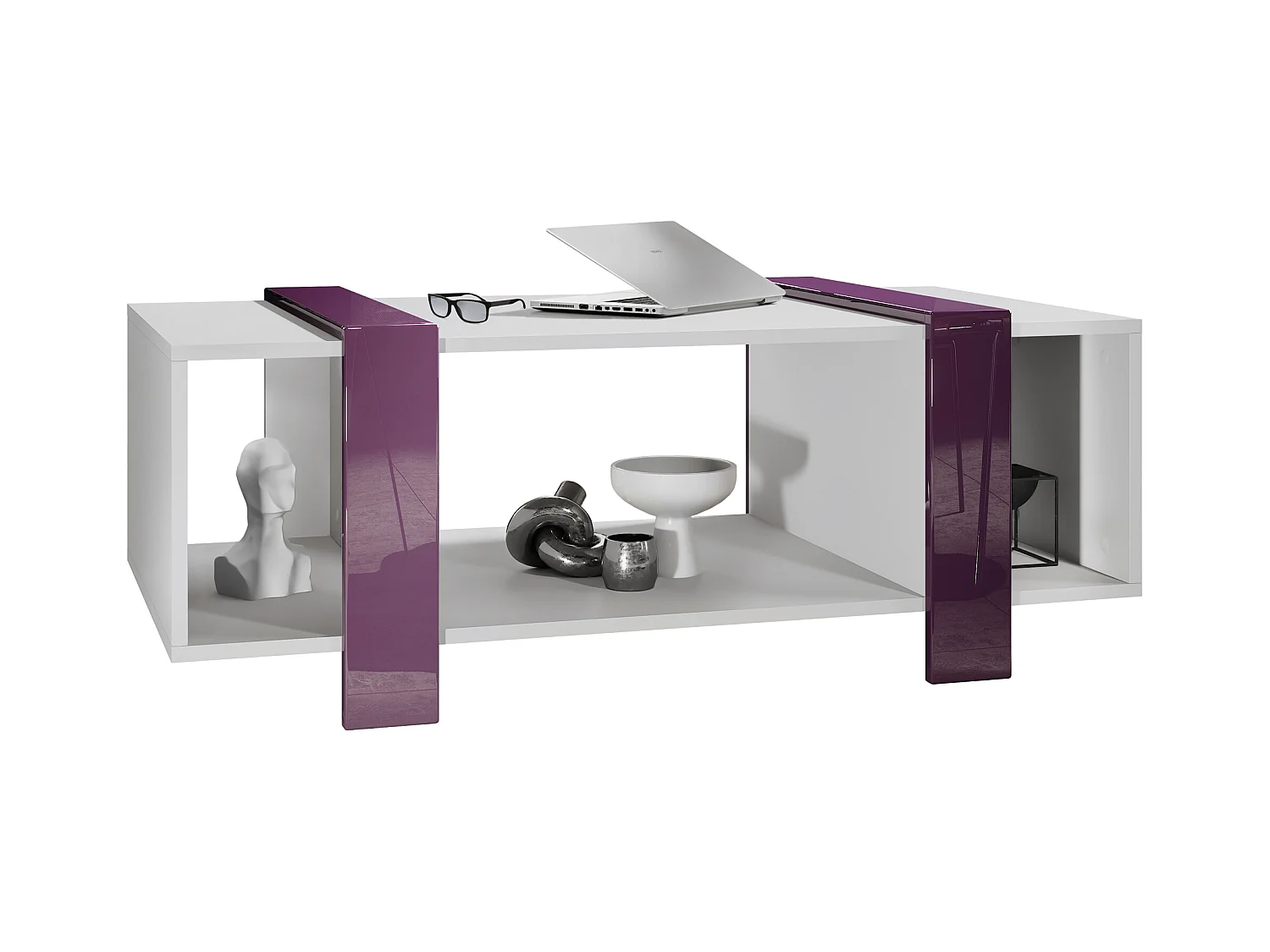 Table basse Ida 110,5 x 42 x 56,5 cm Table de salon à trois compartiments, caisson en blanc mat, façades en Mûre haute brillance | Grand choix de couleurs