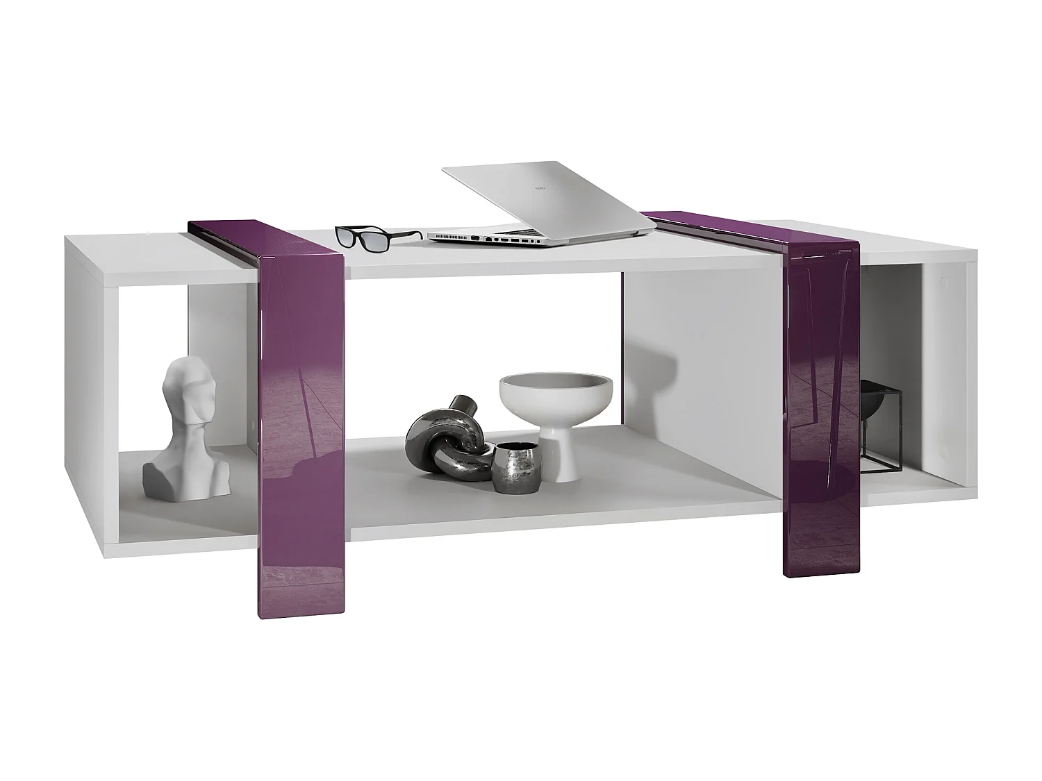 Tavolino  Ida 110,5 x 42 x 56,5 cm Tavolo da soggiorno con tre scomparti, Struttura in bianco opaco, pannelli in violetto-porpora | Ampia scelta di colori