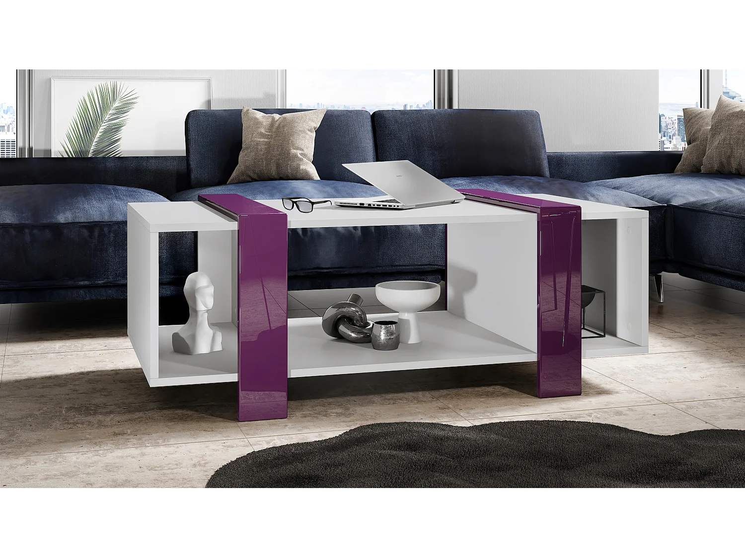 Tavolino  Ida 110,5 x 42 x 56,5 cm Tavolo da soggiorno con tre scomparti, Struttura in bianco opaco, pannelli in violetto-porpora | Ampia scelta di colori