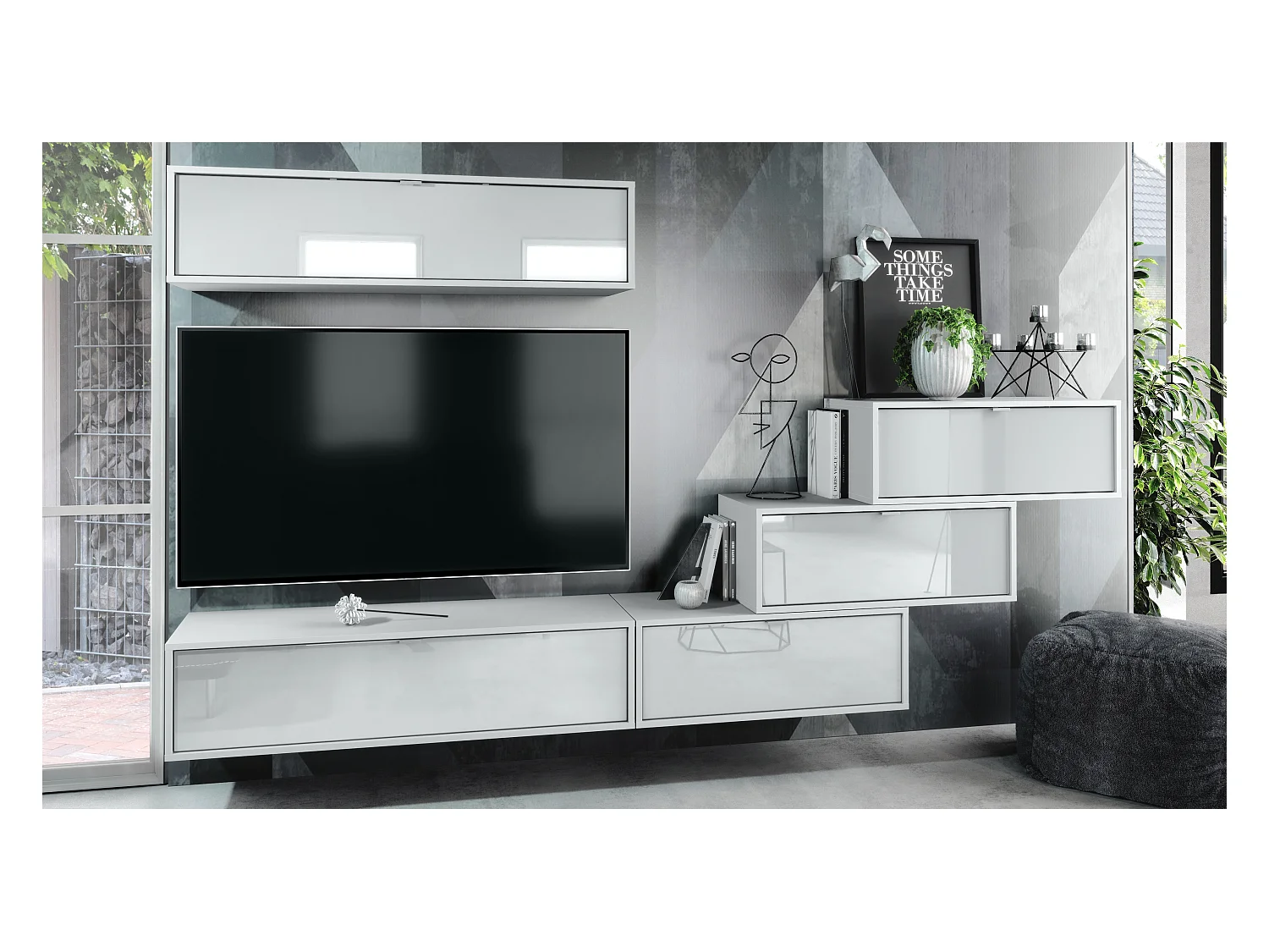 Unité murale Lana V1 composée de 5 unités murales à 12 compartiments, caisson en Blanc mat, façades en Blanc haute brillance | Grand choix de couleurs