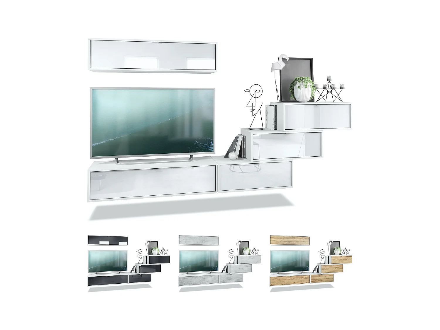 Unité murale Lana V1 composée de 5 unités murales à 12 compartiments, caisson en Blanc mat, façades en Blanc haute brillance | Grand choix de couleurs