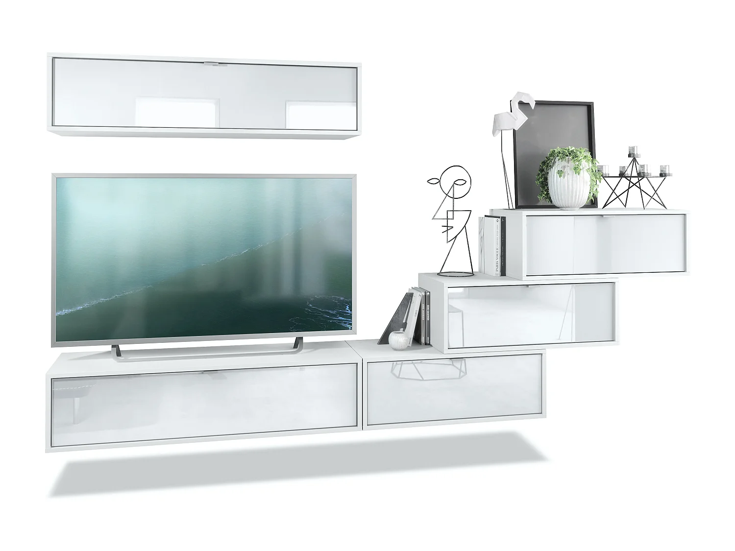 Unité murale Lana V1 composée de 5 unités murales à 12 compartiments, caisson en Blanc mat, façades en Blanc haute brillance | Grand choix de couleurs