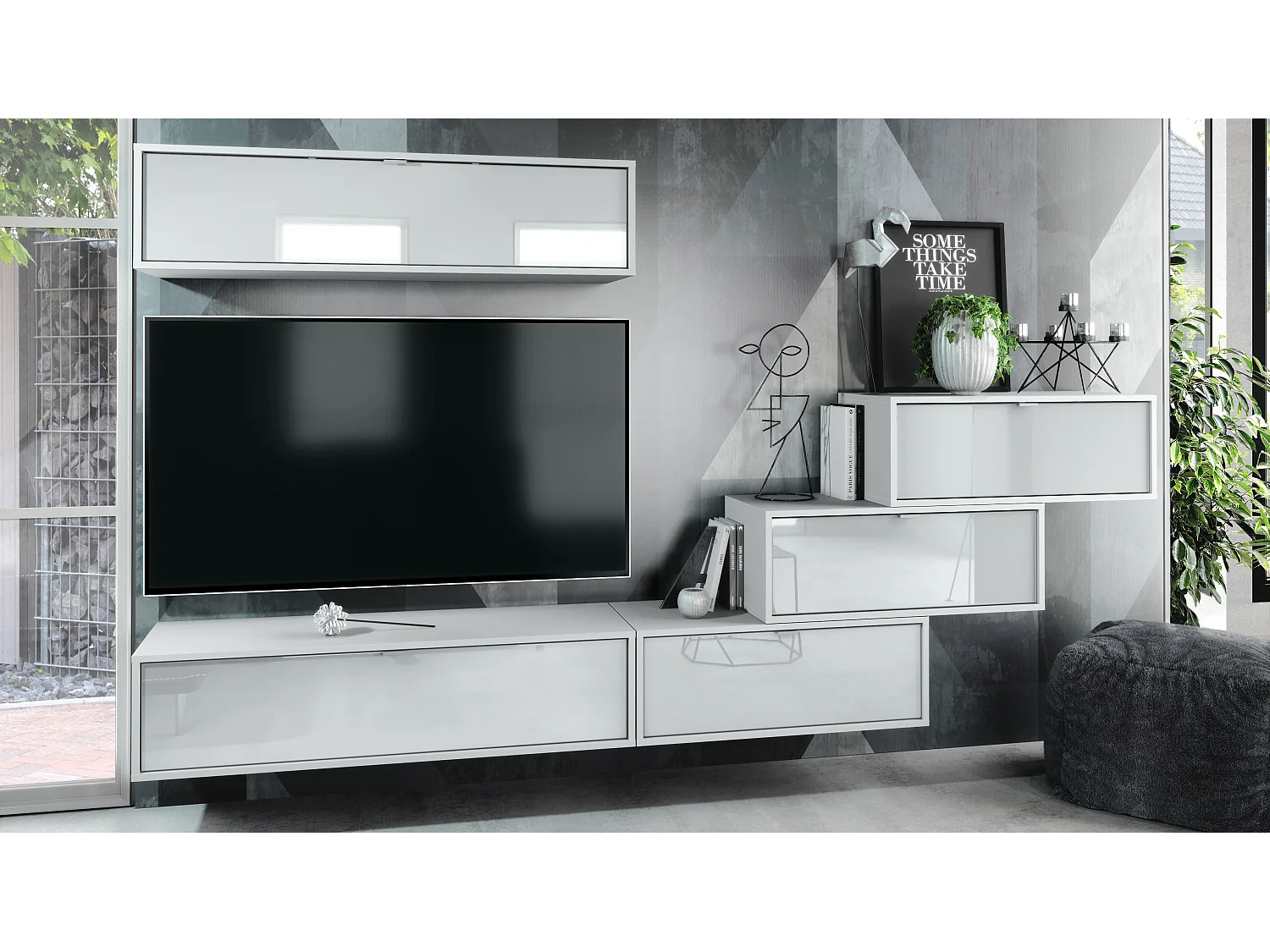 Unité murale Lana V1 composée de 5 unités murales à 12 compartiments, caisson en Blanc mat, façades en Blanc haute brillance | Grand choix de couleurs