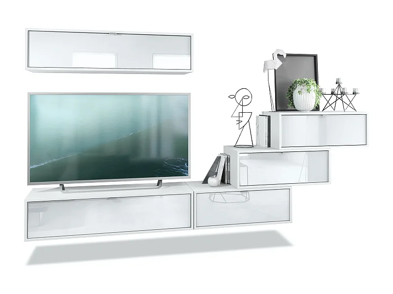 Unité murale Lana V1 composée de 5 unités murales à 12 compartiments, caisson en Blanc mat, façades en Blanc haute brillance | Grand choix de couleurs