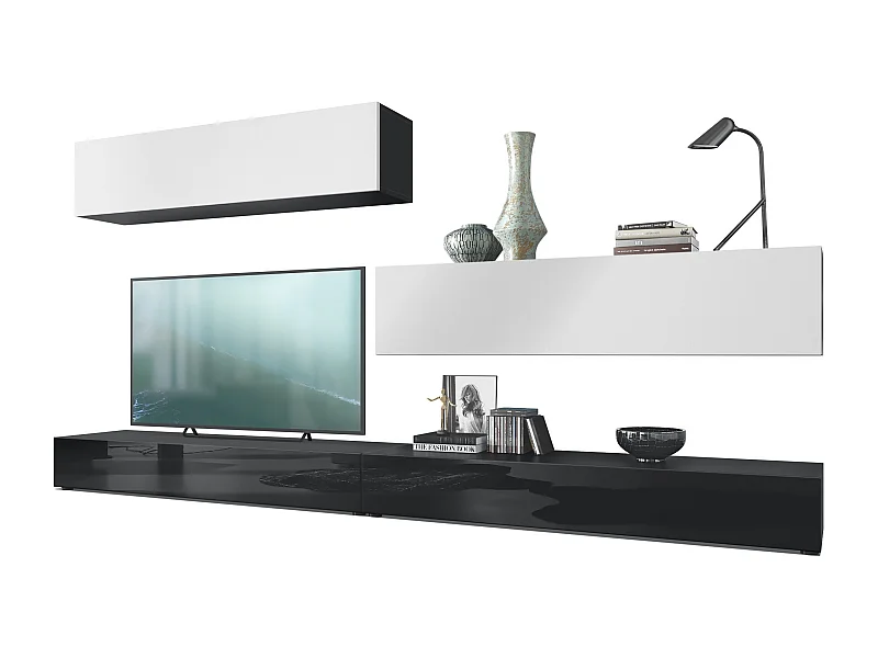 Combinaison murale Armoire Nublo, Corps en Noir mat / Façades en Noir haute brillance et Blanc mat