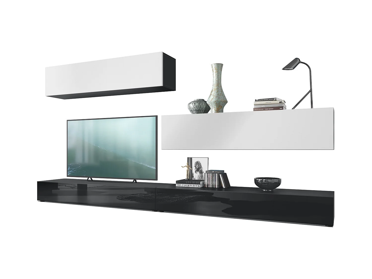 Combinaison murale Armoire Nublo, Corps en Noir mat / Façades en Noir haute brillance et Blanc mat