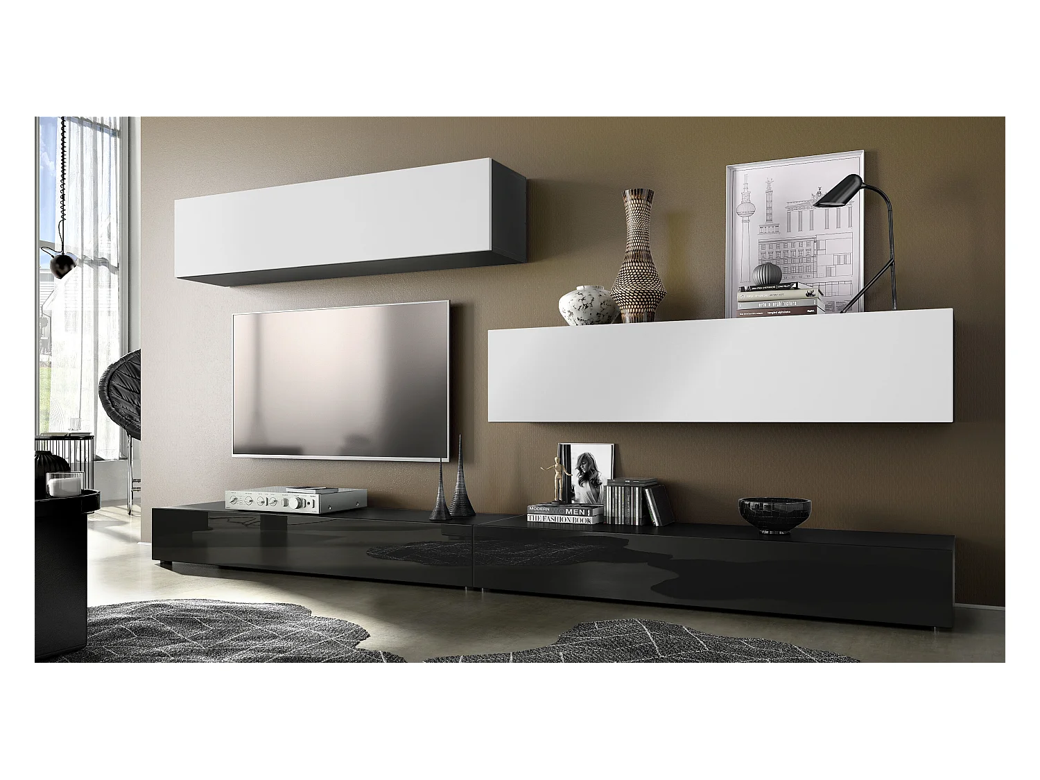 Combinaison murale Armoire Nublo, Corps en Noir mat / Façades en Noir haute brillance et Blanc mat