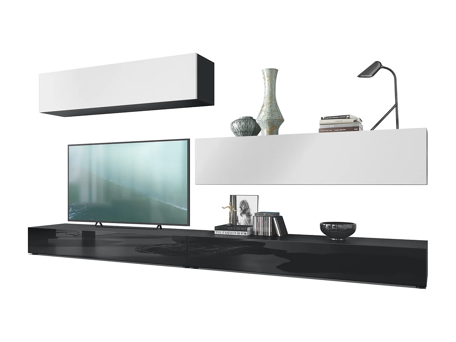 Porta TV  a parete Nublo, struttura in nero opaco / frontali in nero lucido e bianco opaco