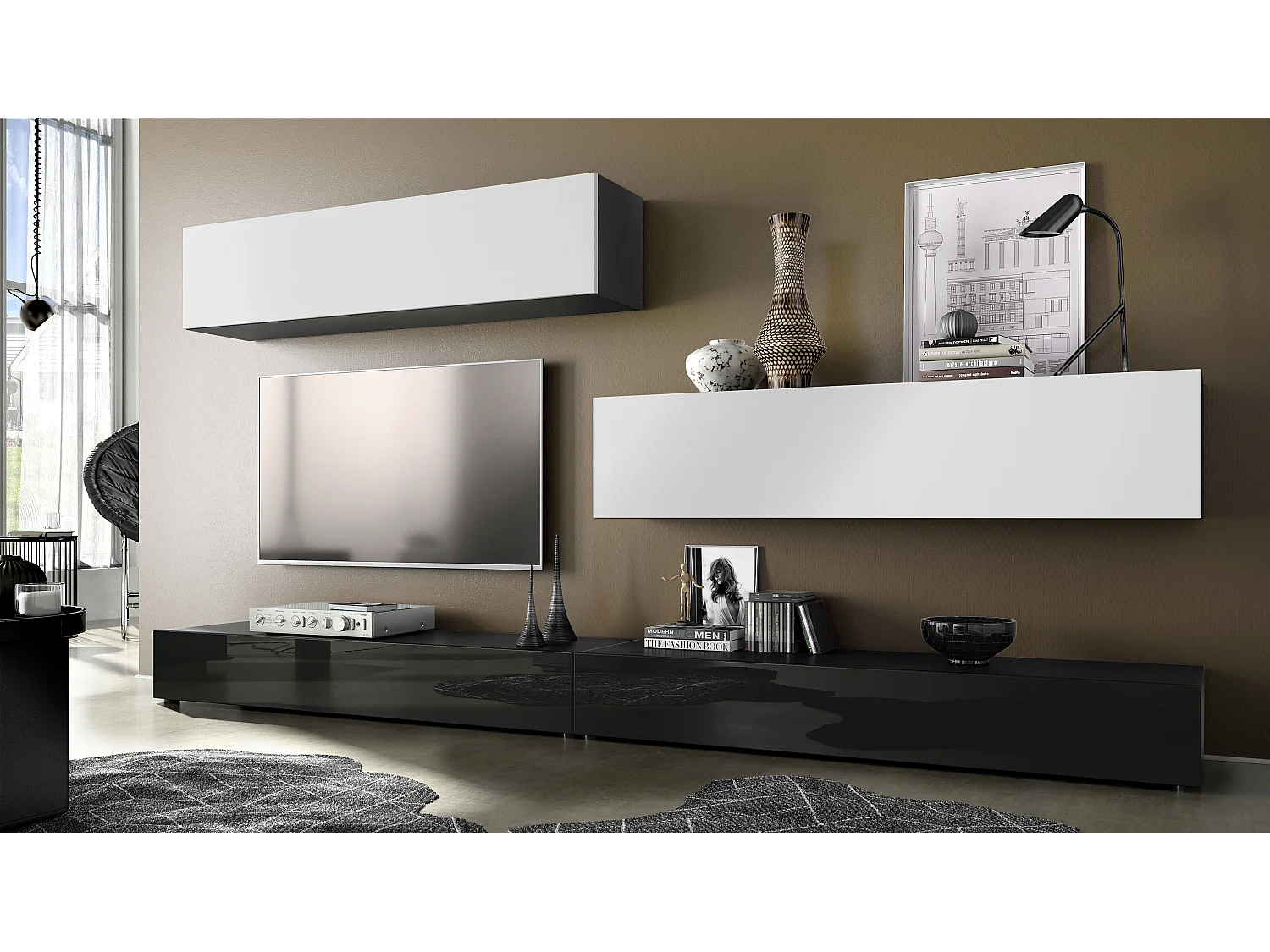 Porta TV  a parete Nublo, struttura in nero opaco / frontali in nero lucido e bianco opaco