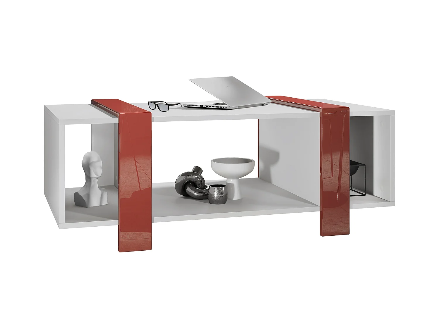 Table basse Ida 110,5 x 42 x 56,5 cm Table de salon à trois compartiments, caisson en blanc mat, façades en Bordeaux brillant | Grand choix de couleurs