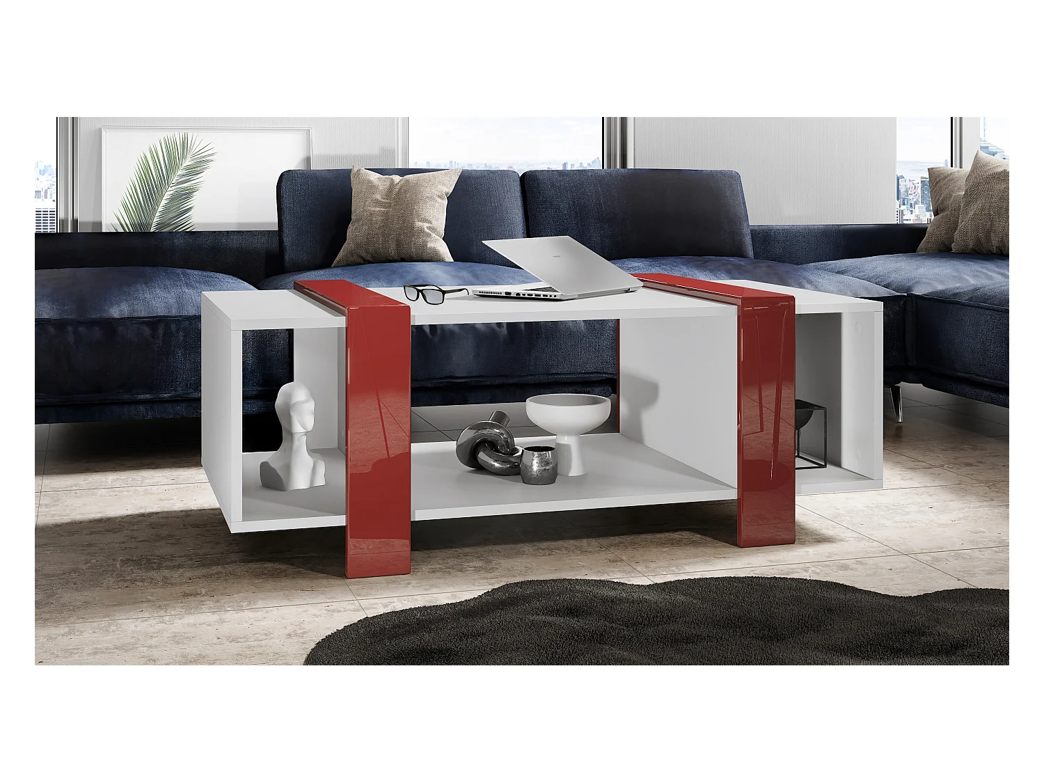 Table basse Ida 110,5 x 42 x 56,5 cm Table de salon à trois compartiments, caisson en blanc mat, façades en Bordeaux brillant | Grand choix de couleurs