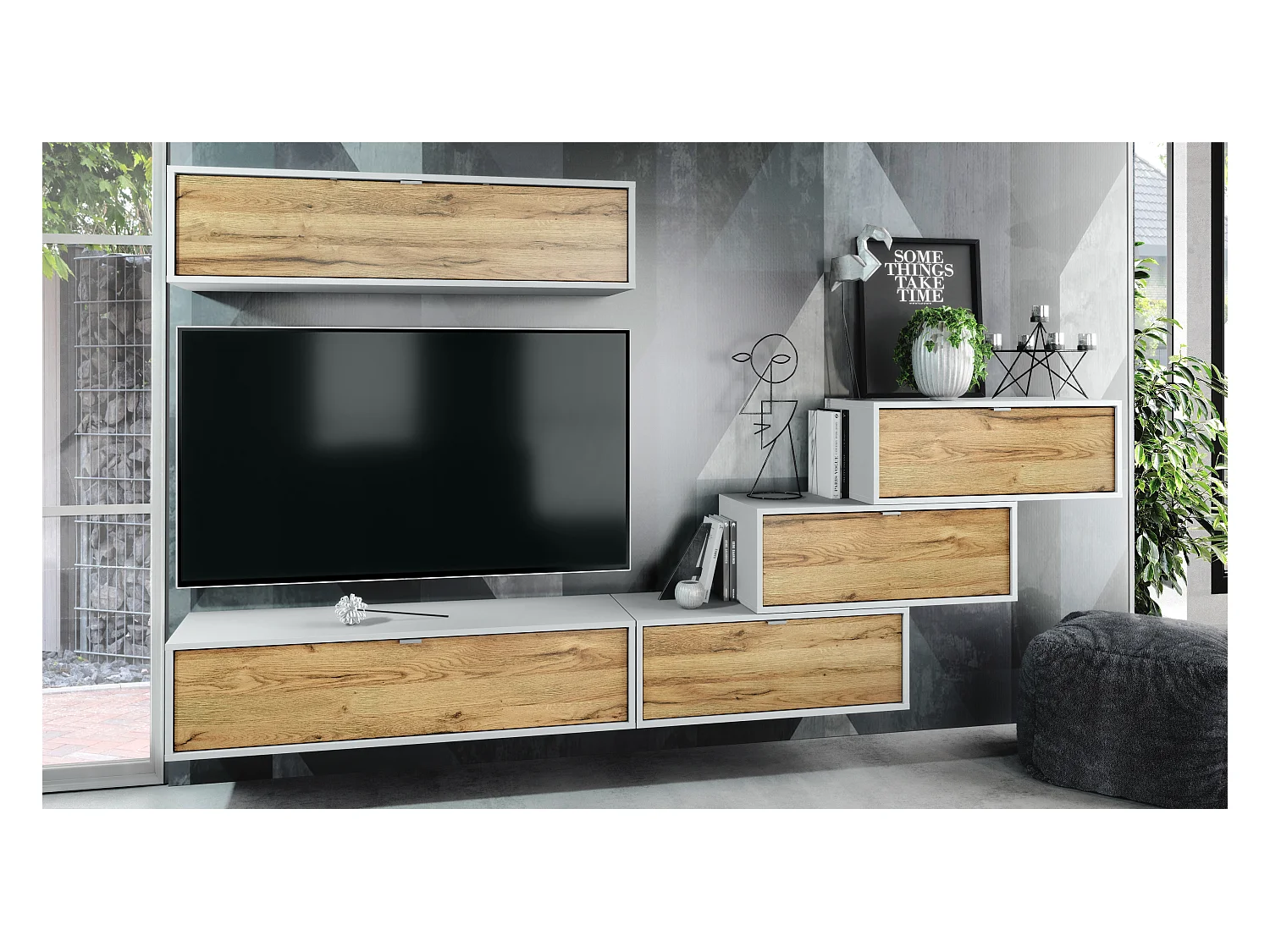 Unité murale Lana V1 composée de 5 unités murales à 12 compartiments, caisson en Blanc mat, façades en Chêne Nature | Grand choix de couleurs