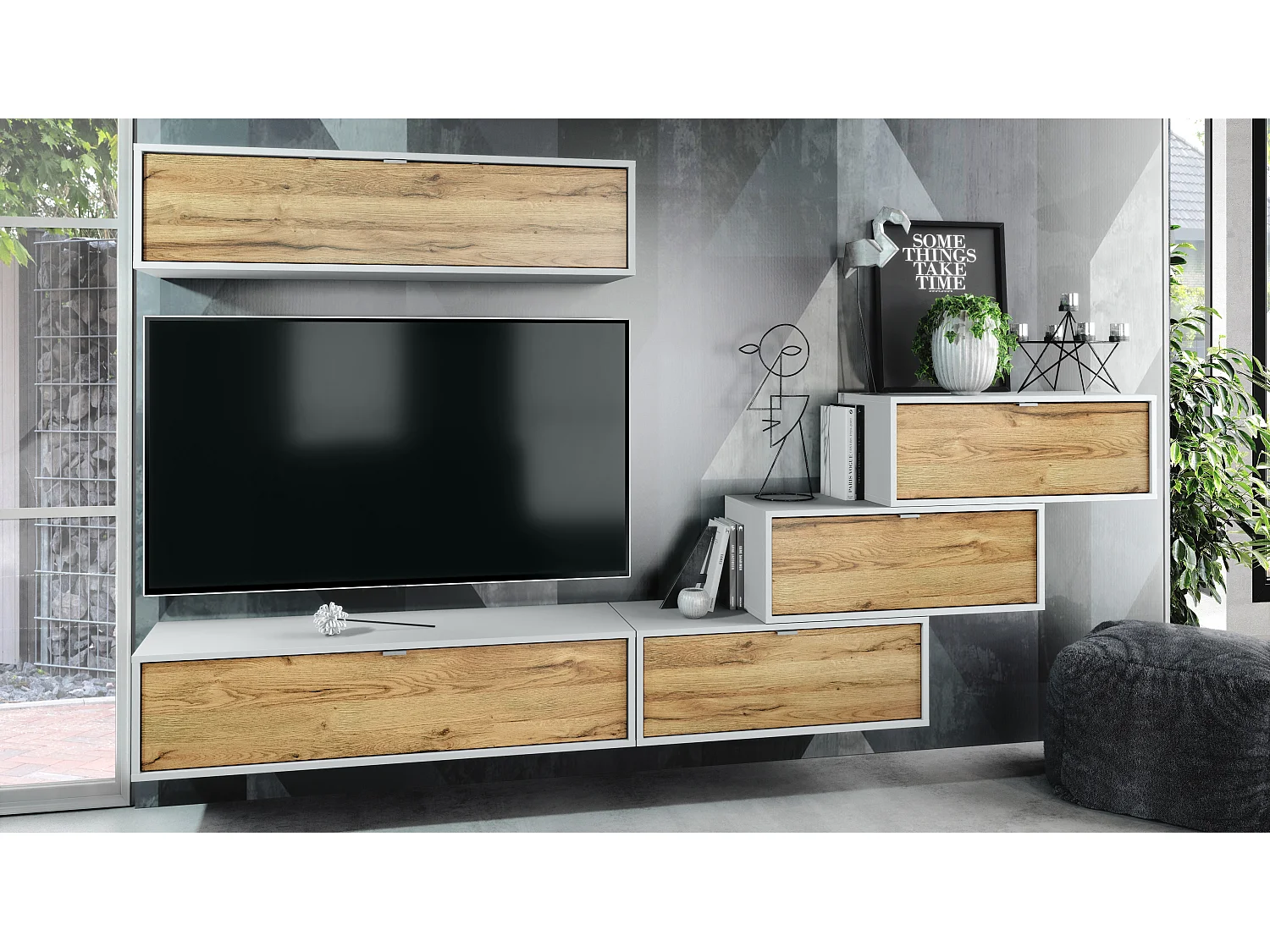 Unité murale Lana V1 composée de 5 unités murales à 12 compartiments, caisson en Blanc mat, façades en Chêne Nature | Grand choix de couleurs