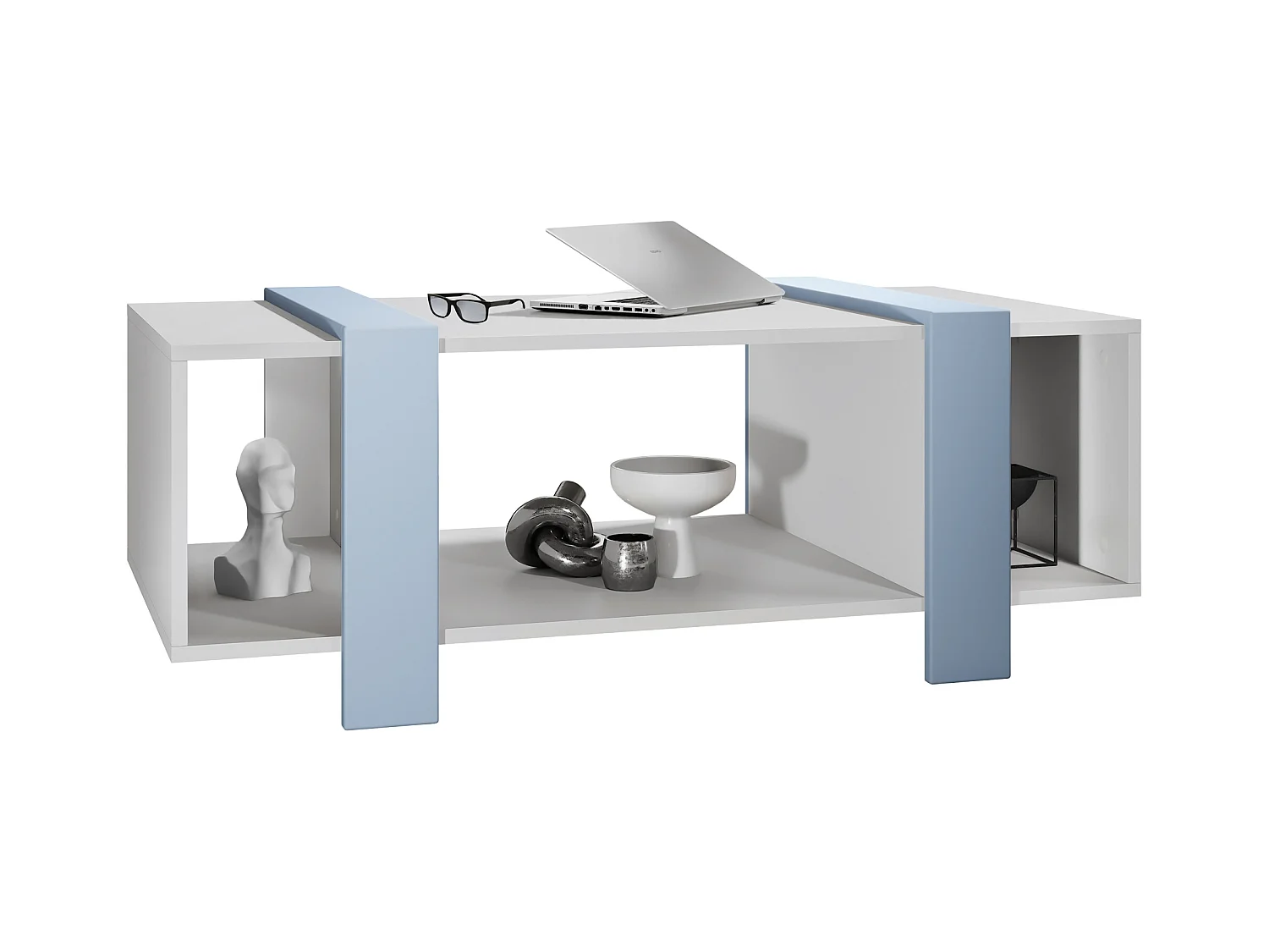 Table basse Ida 110,5 x 42 x 56,5 cm Table de salon à trois compartiments, caisson en blanc mat, façades en Denim mat | Grand choix de couleurs