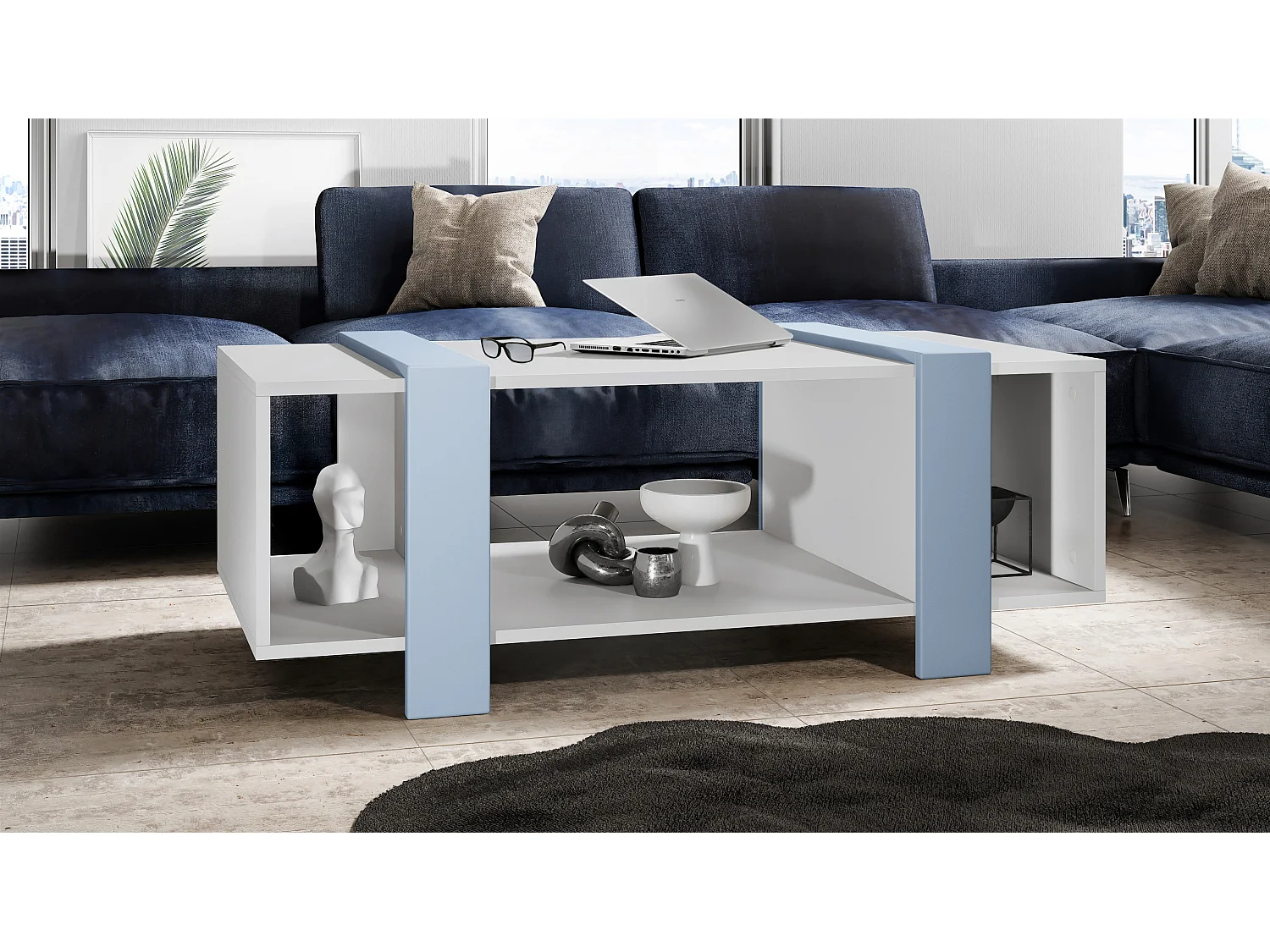 Tavolino  Ida 110,5 x 42 x 56,5 cm Tavolo da soggiorno con tre scomparti, Struttura in bianco opaco, pannelli in denim opaco | Ampia scelta di colori